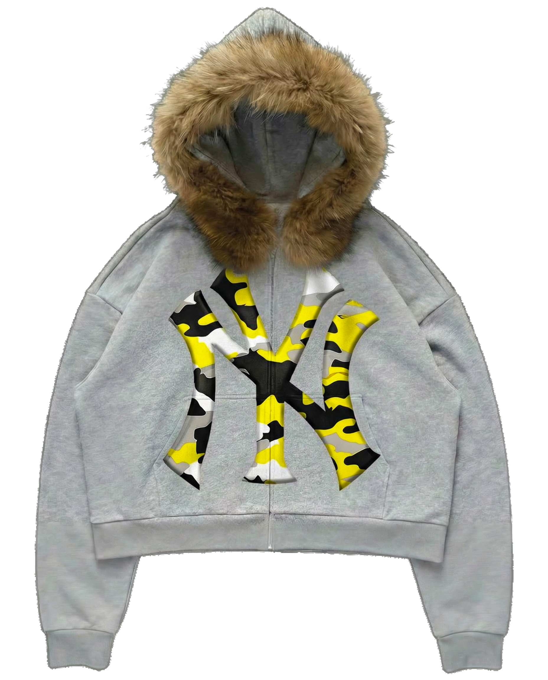 NY Yellow Camo Uptown Skyline Fur Detachable Zip Up Hoodie Y2K Loose Fit Cropped - Neniom