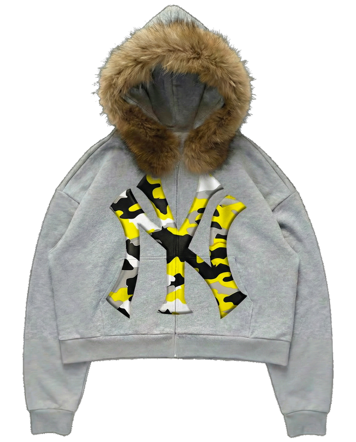 NY Yellow Camo Uptown Skyline Fur Detachable Zip Up Hoodie Y2K Loose Fit Cropped - Neniom