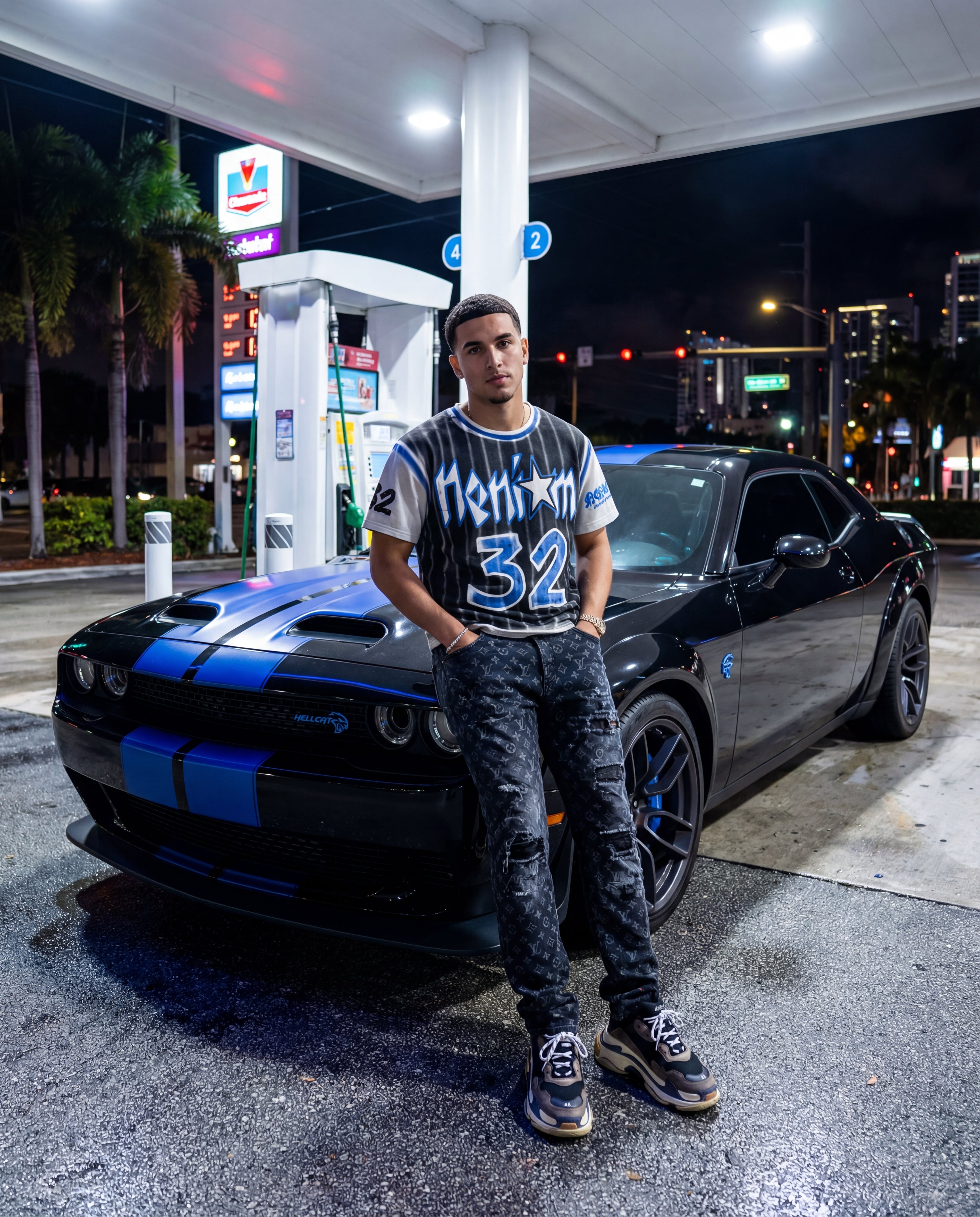 Person standing next to a black and blue car at a gas station at night.