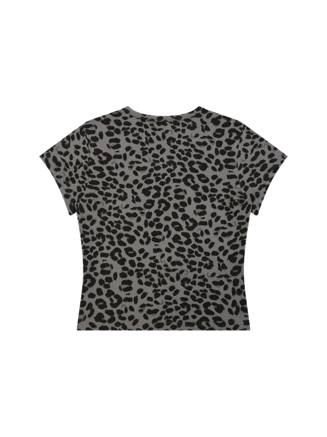 Women's Leopard Print Crop T-Shirt in Gray - back, transparent background