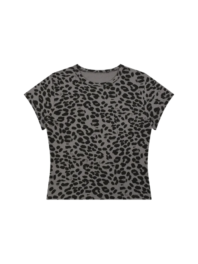 Women's Leopard Print Crop T-Shirt in Gray - front, transparent background