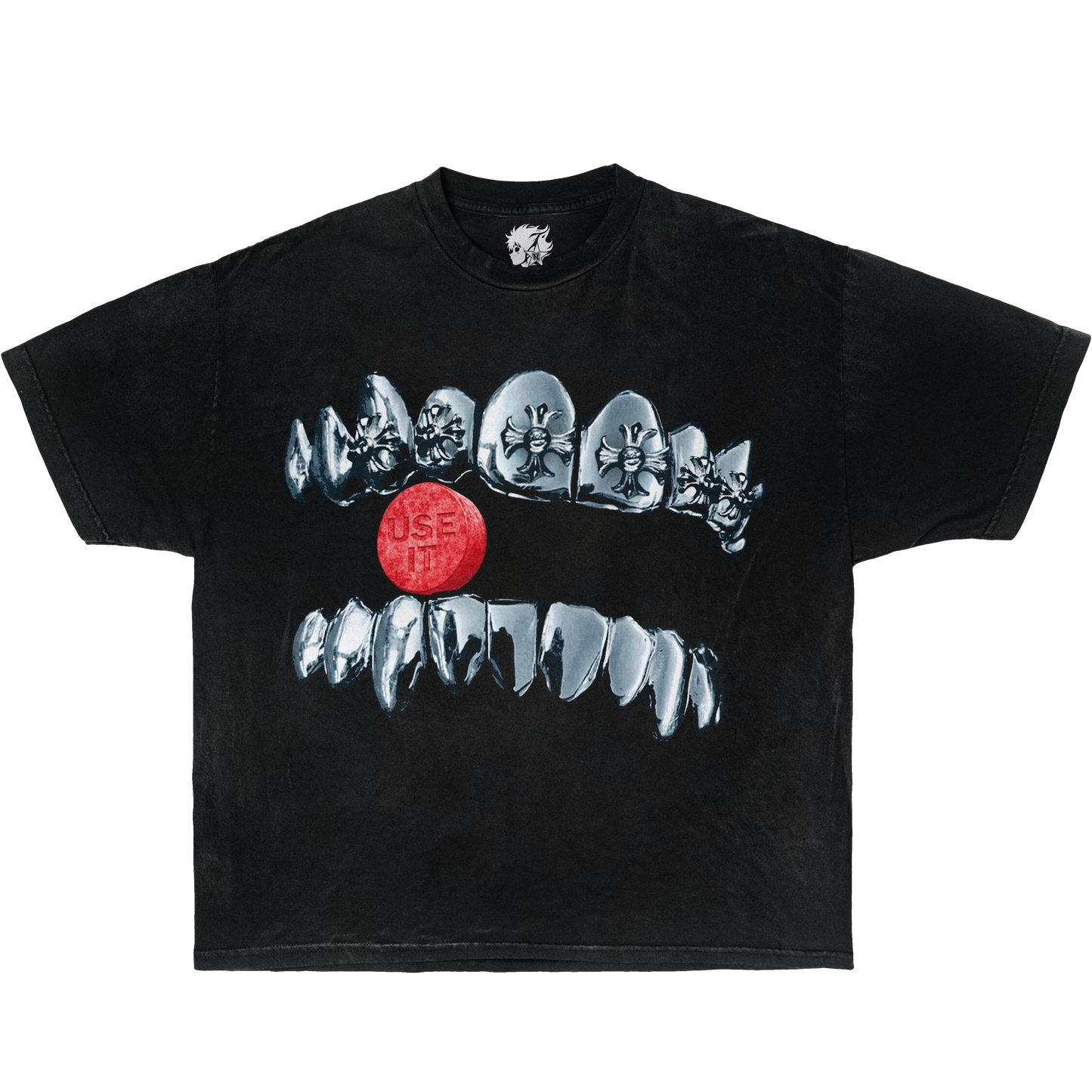 Neniom Grillz Chrome Heart Cross Boxy Garment-Dyed Tee Streetwear Y2K