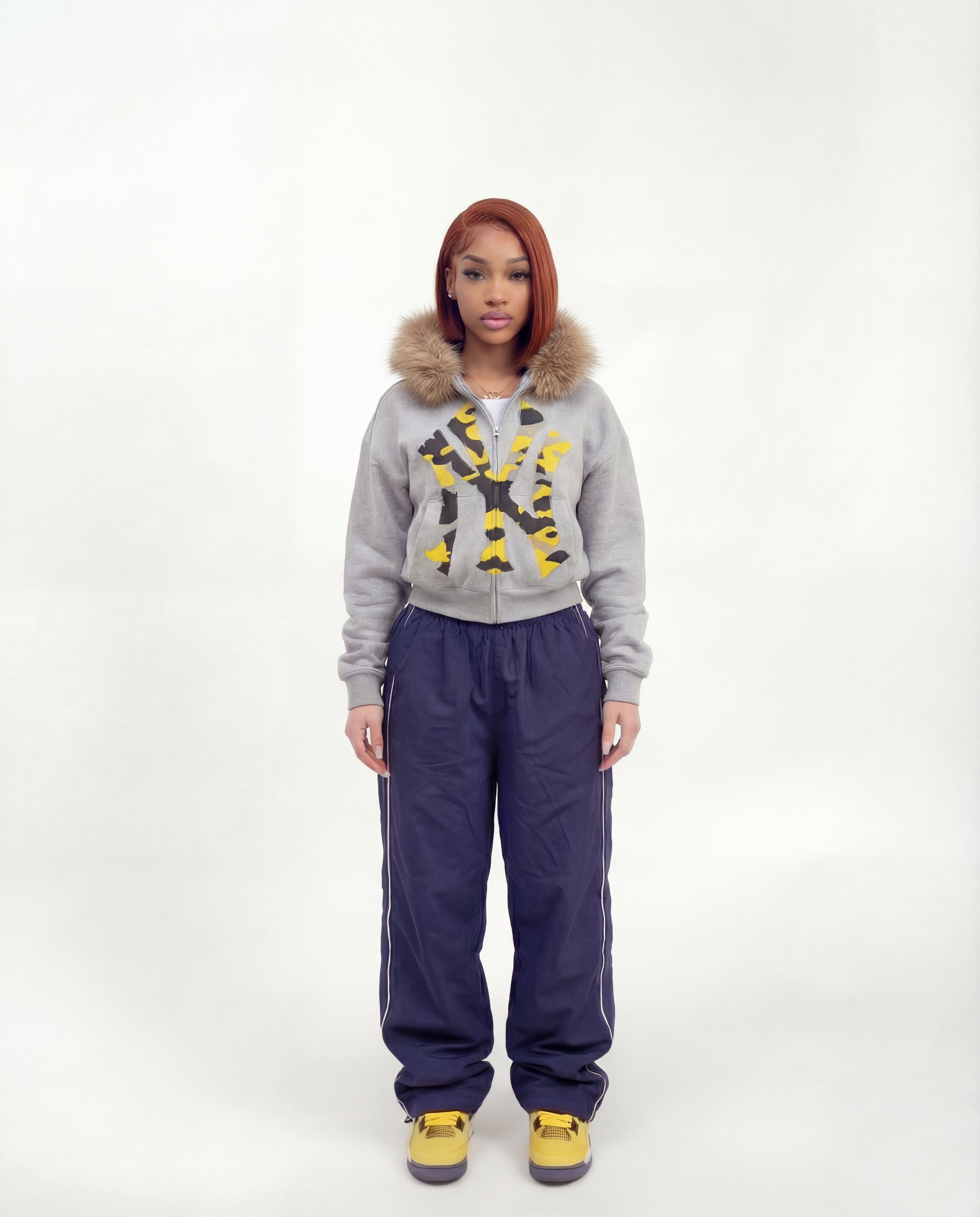 NY Yellow Camo Uptown Skyline Fur Detachable Zip Up Hoodie Y2K Loose Fit Cropped - Neniom