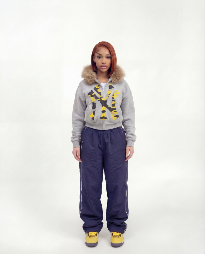 NY Yellow Camo Uptown Skyline Fur Detachable Zip Up Hoodie Y2K Loose Fit Cropped - Neniom
