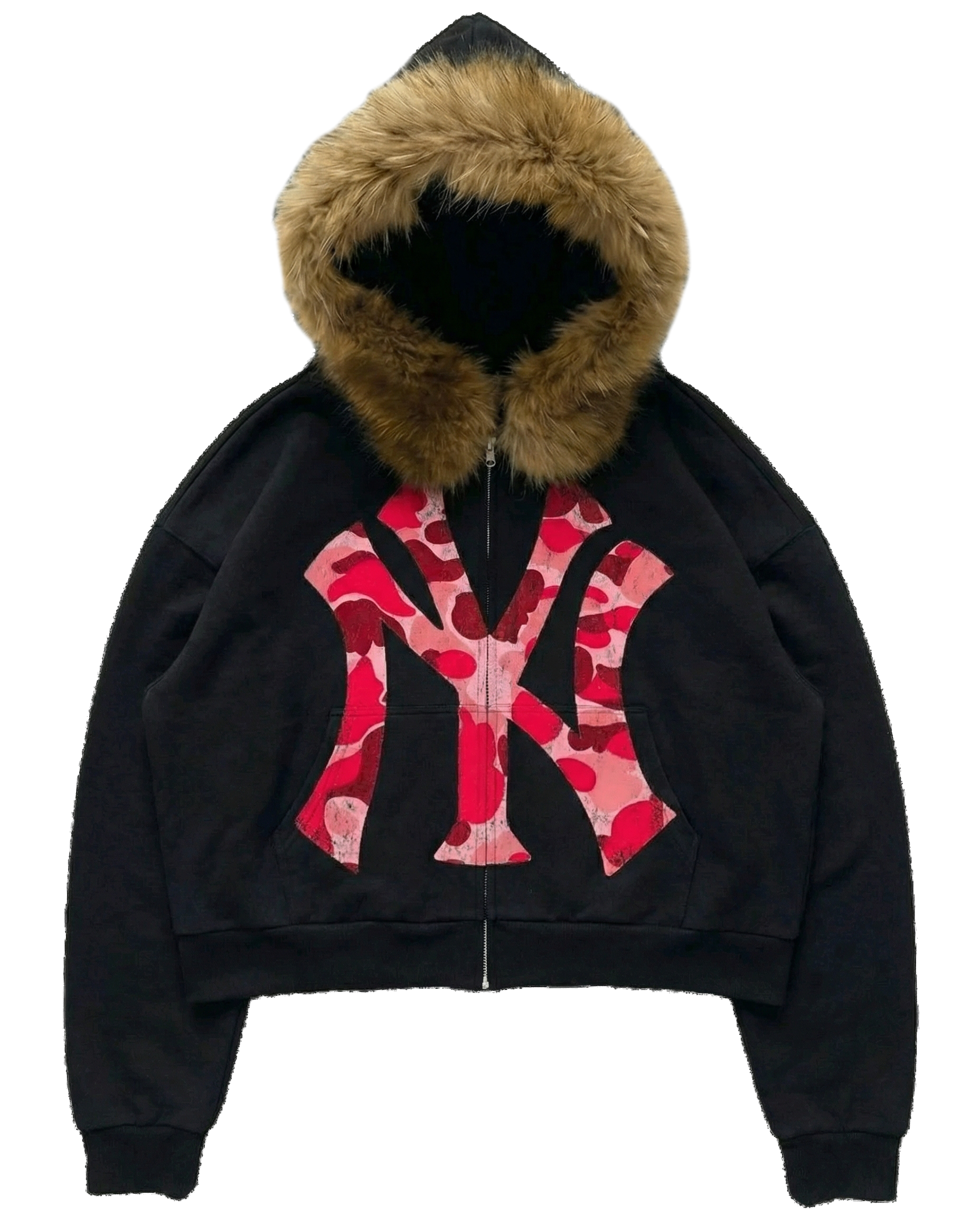 NY Pink Camo Uptown Skyline Fur Detachable Zip Up Hoodie Y2K Loose Fit Cropped