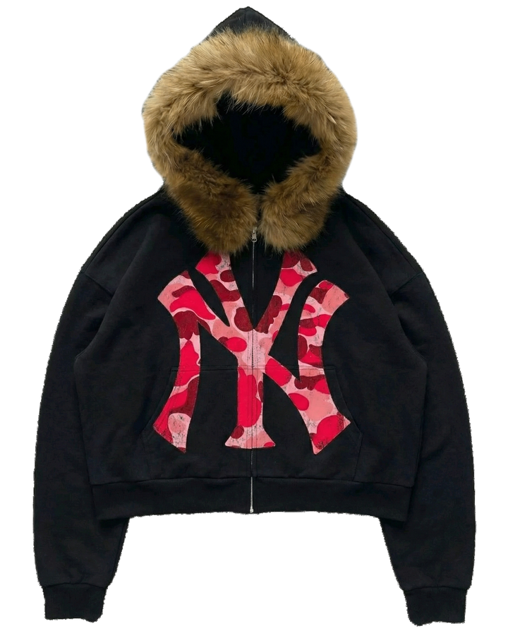 NY Pink Camo Uptown Skyline Fur Detachable Zip Up Hoodie Y2K Loose Fit Cropped