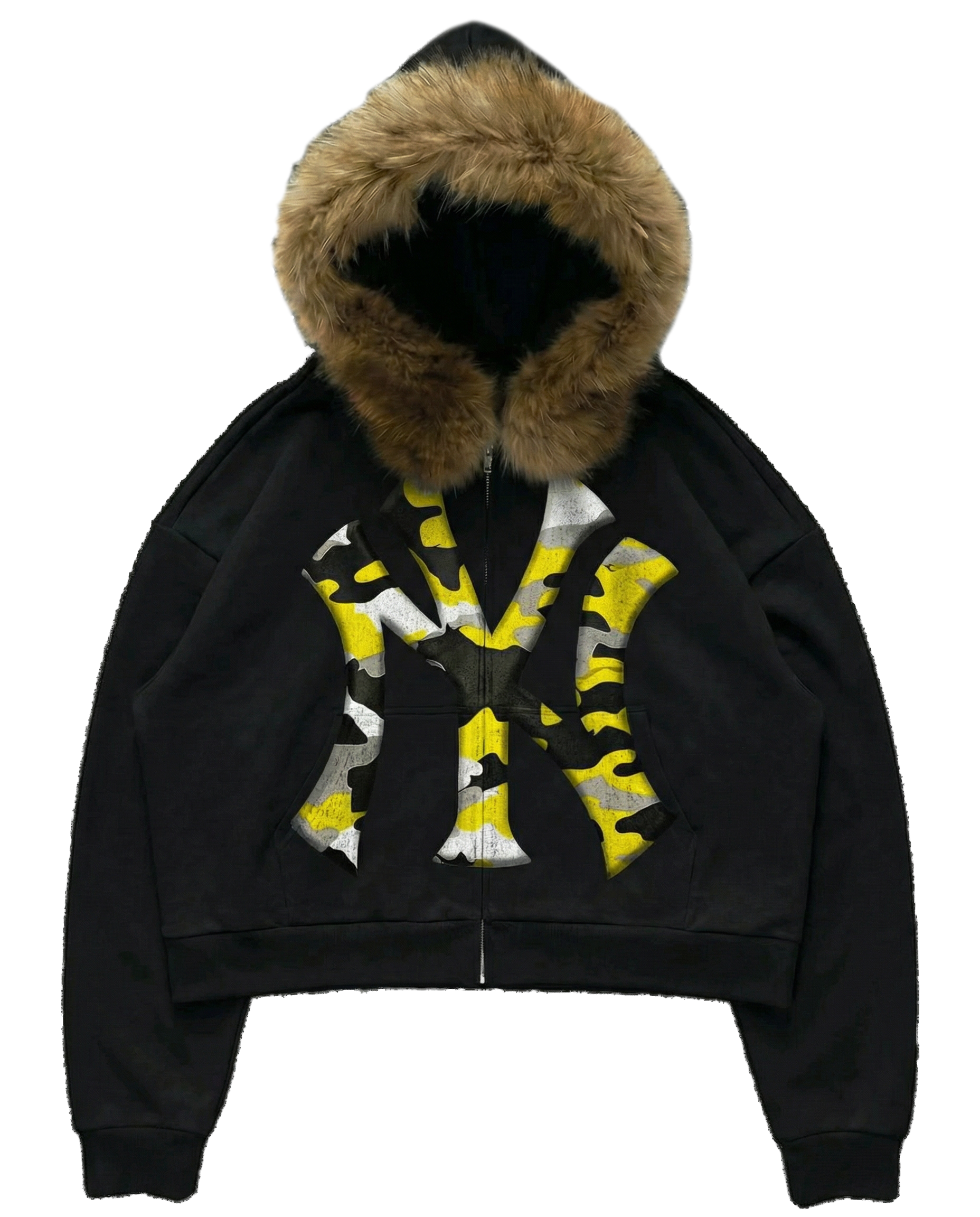 NY Yellow Camo Uptown Skyline Fur Detachable Zip Up Hoodie Y2K Loose Fit Cropped