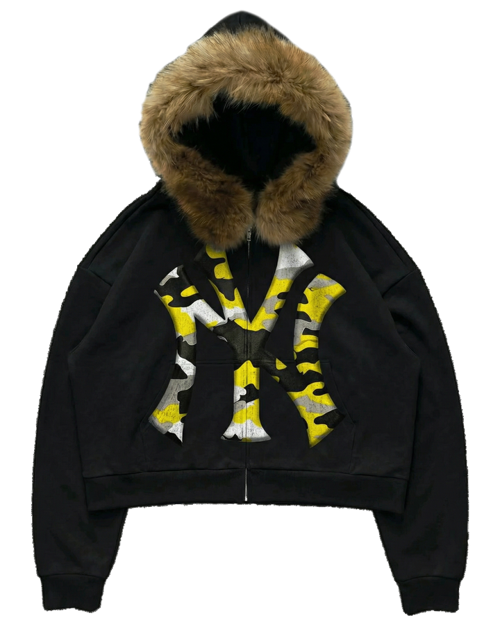 NY Yellow Camo Uptown Skyline Fur Detachable Zip Up Hoodie Y2K Loose Fit Cropped - Neniom
