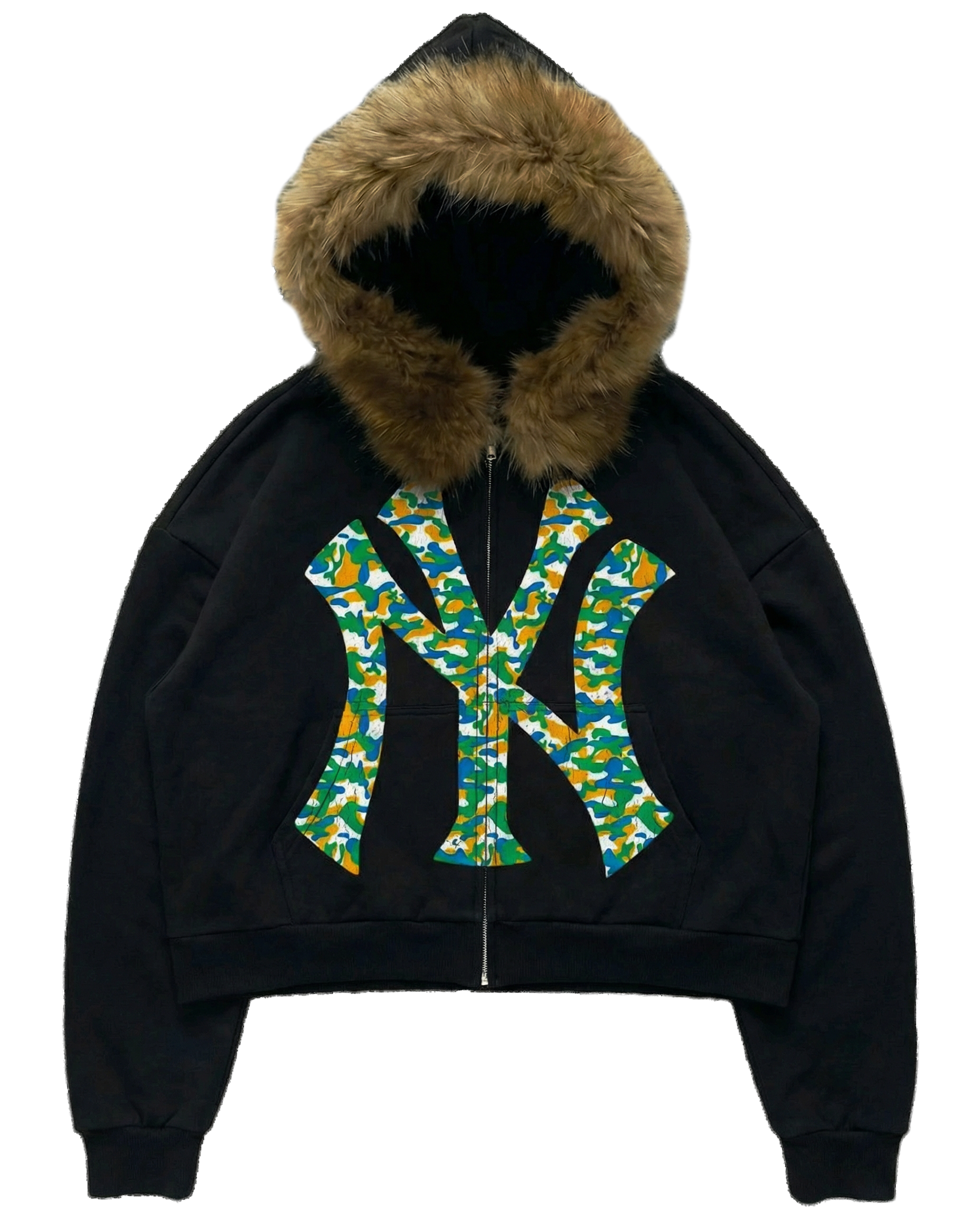 NY Teal Camo Uptown Skyline Fur Detachable Zip Up Hoodie Y2K Loose Fit Cropped