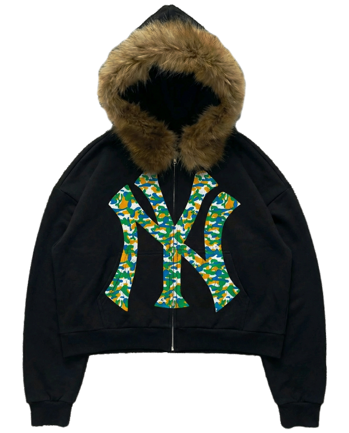 NY Teal Camo Uptown Skyline Fur Detachable Zip Up Hoodie Y2K Loose Fit Cropped