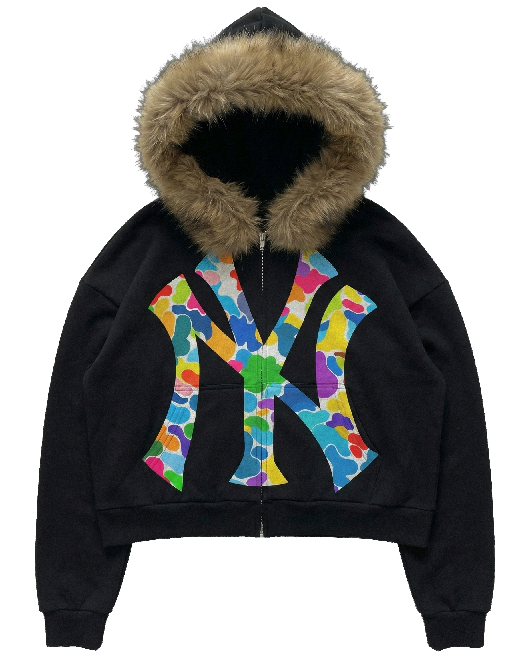 NY Multi-Colored Uptown Skyline Fur Detachable Zip Up Hoodie Y2K Loose Fit Cropped