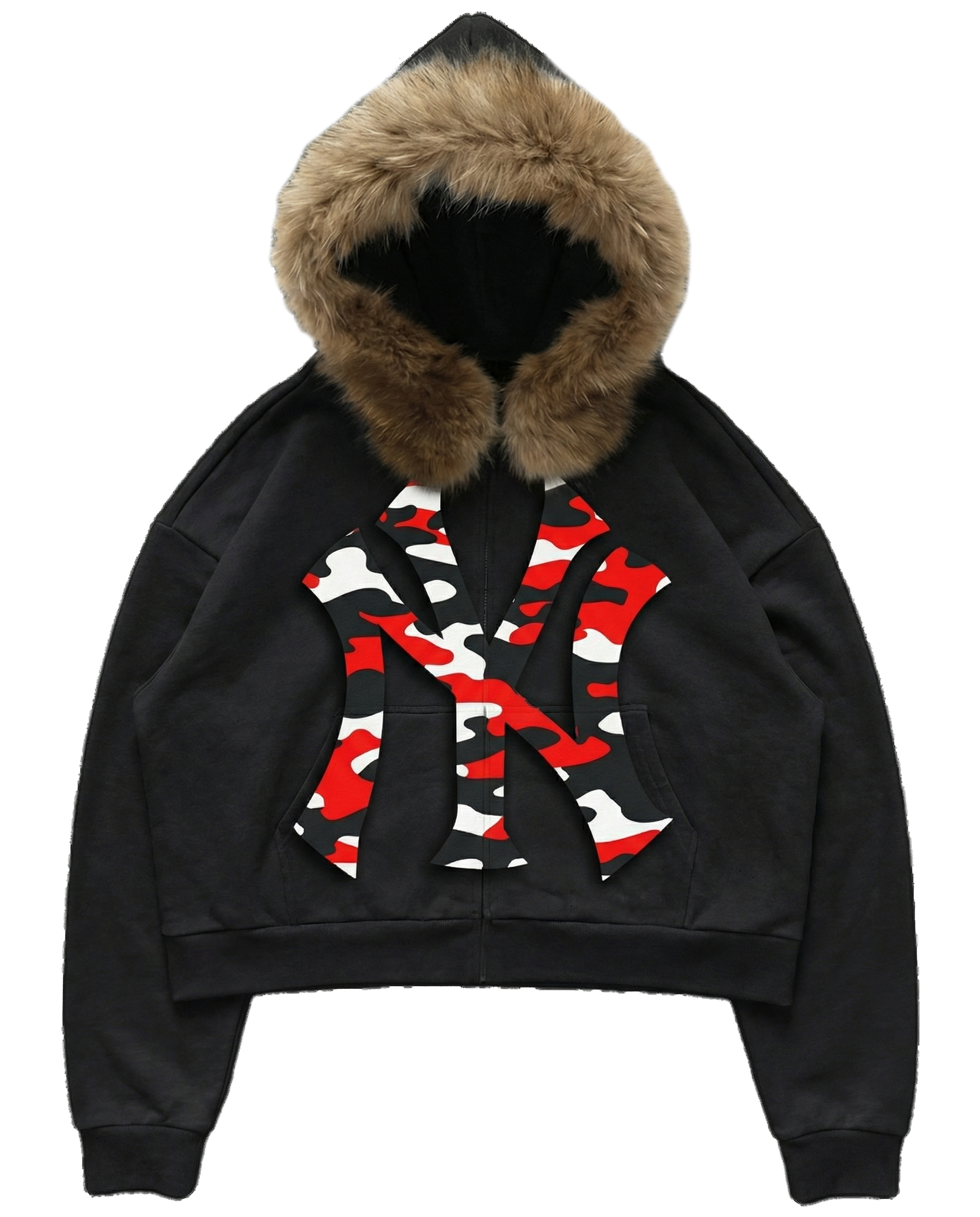 NY Red Camo Uptown Skyline Fur Detachable Zip Up Hoodie Y2K Loose Fit Cropped