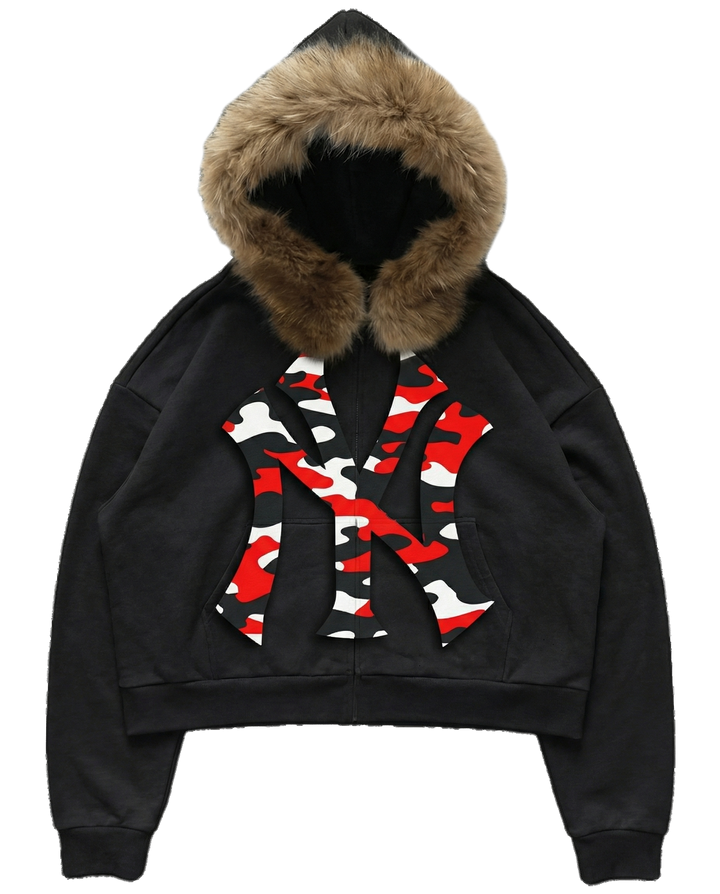 NY Red Camo Uptown Skyline Fur Detachable Zip Up Hoodie Y2K Loose Fit Cropped