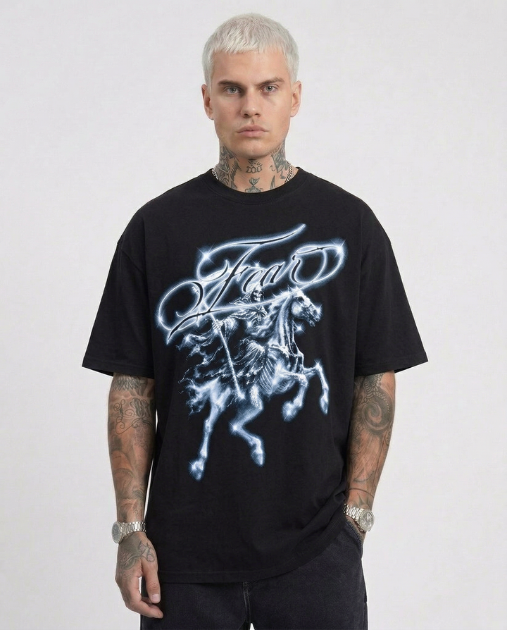 Phantom Rider Fear oversized black T-shirt with blue neon horse rider graphic