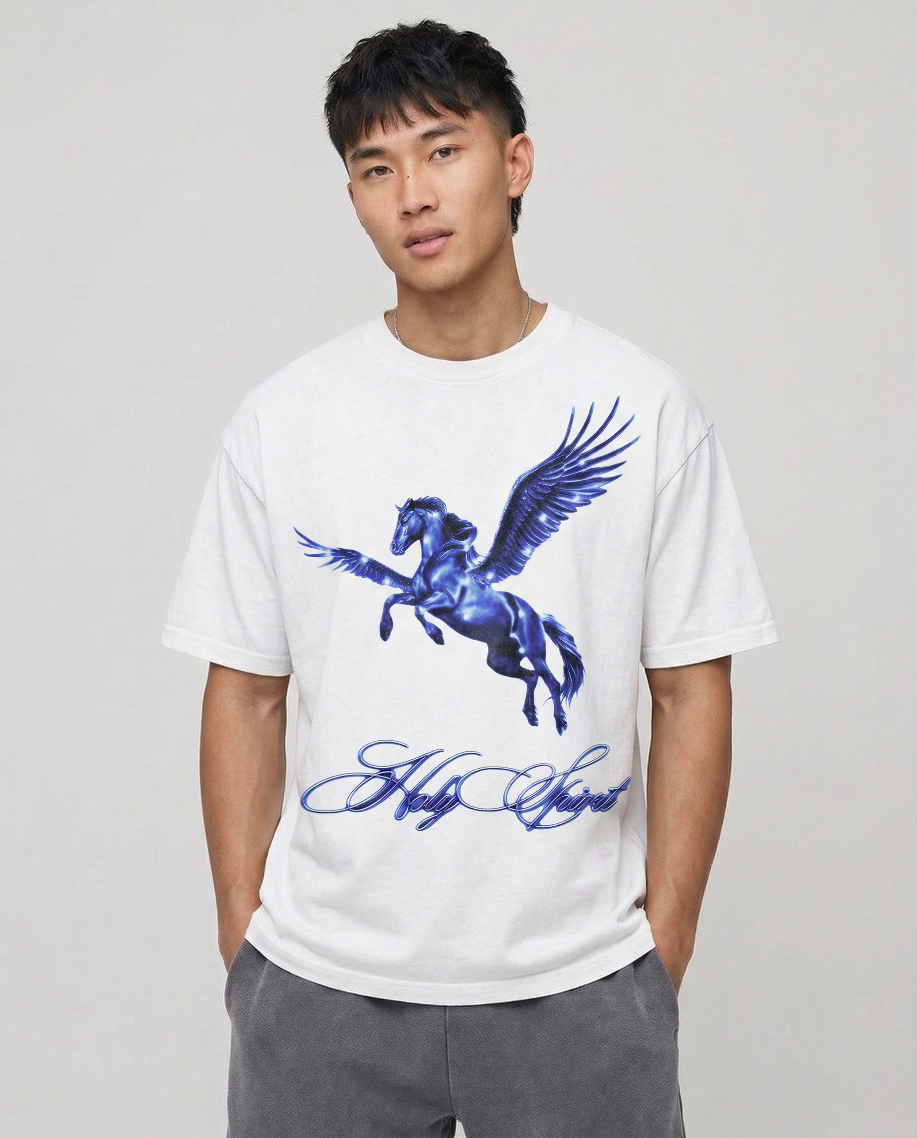 Holy Pegasus T-shirt in white, oversized with blue winged-horse graphic.