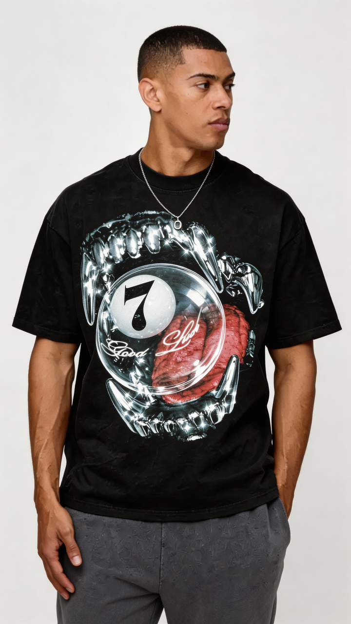 Neniom Lucky Seven Fate graphic T-shirt, black oversized streetwear tee with bold 7-ball graphic