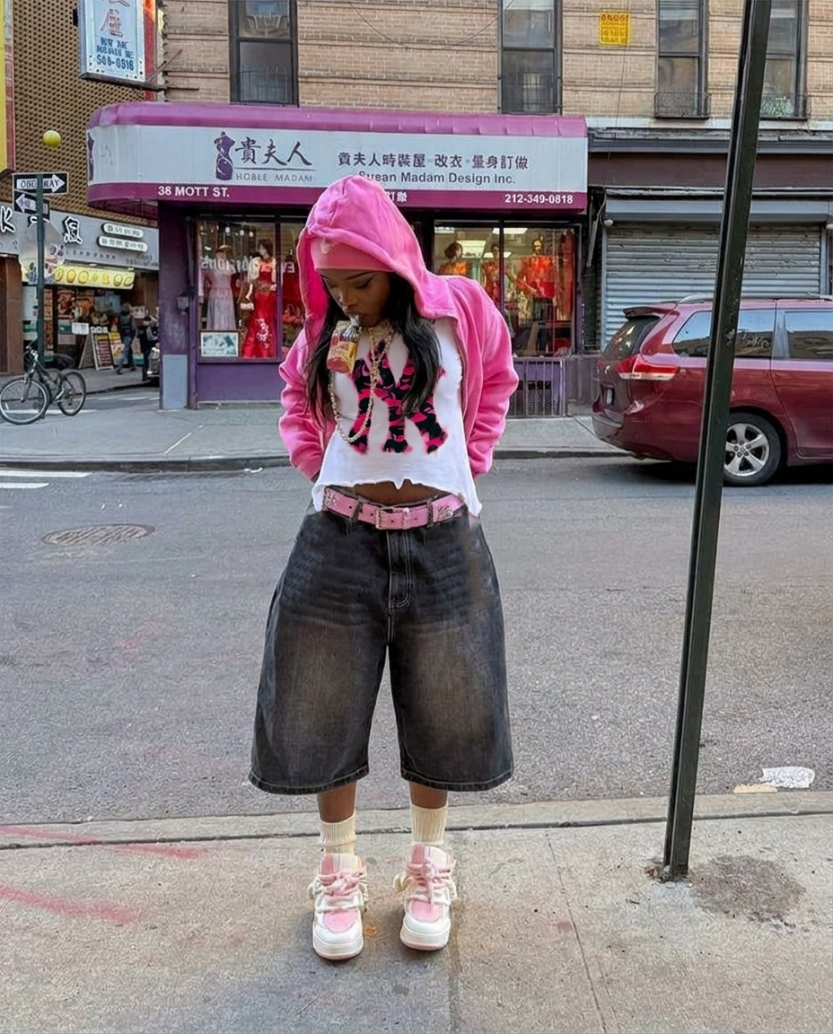 Person wearing a pink hoodie and dark jeans standing on a city street with storefronts in the background.