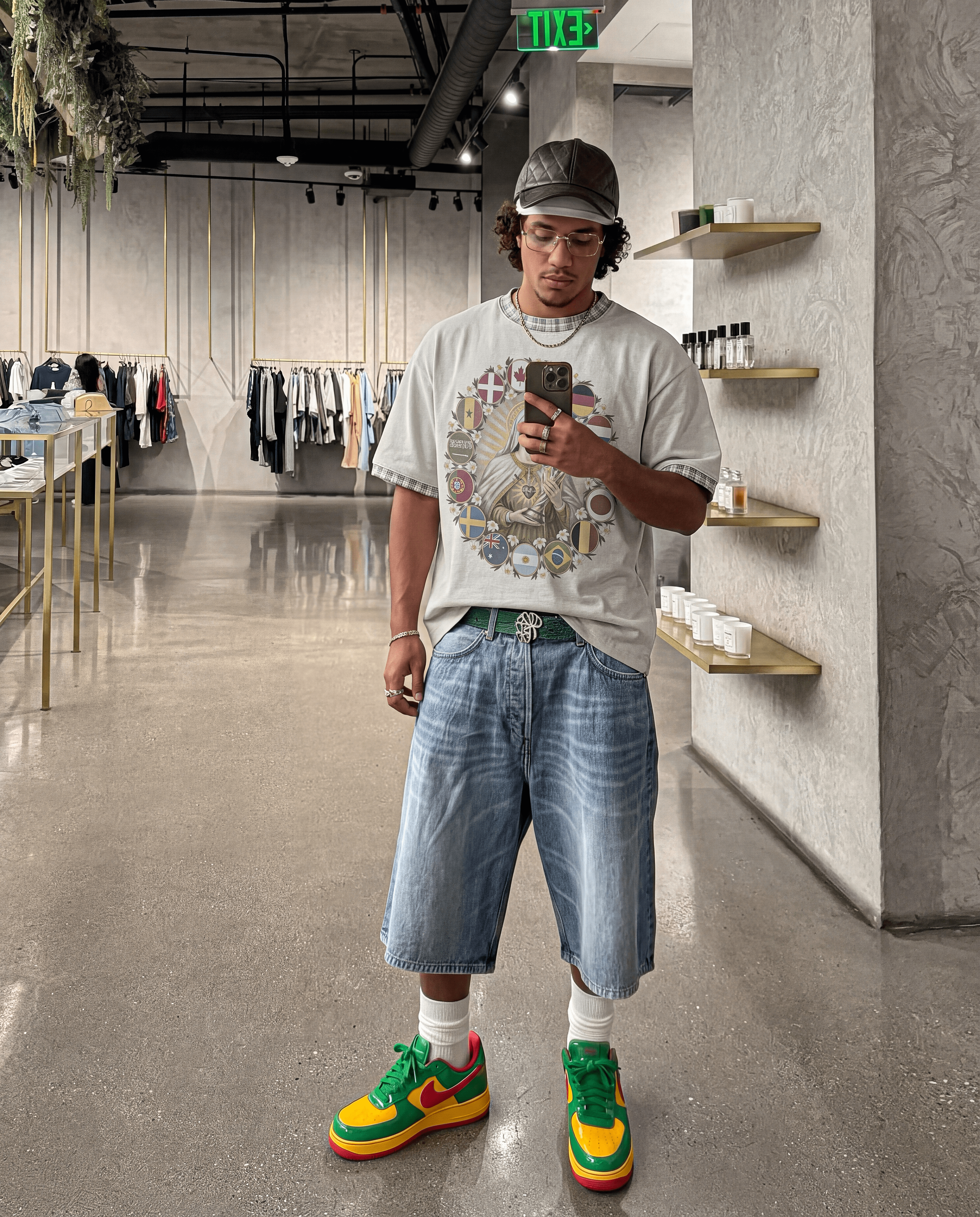 Person wearing a graphic t-shirt, denim shorts, and colorful sneakers in a store setting.
