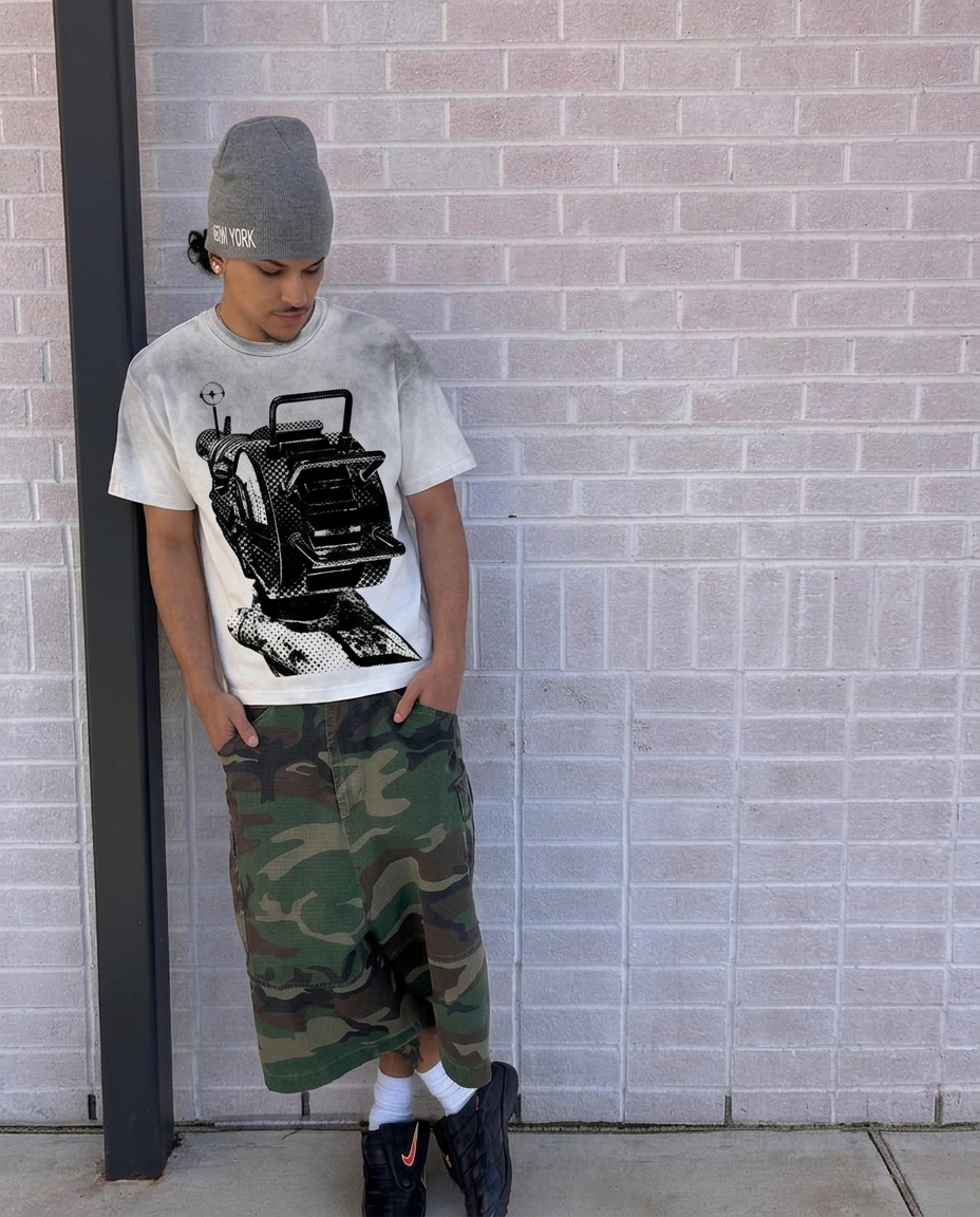 Person wearing a graphic raygun t-shirt, camouflage pants, and a beanie against a brick wall.