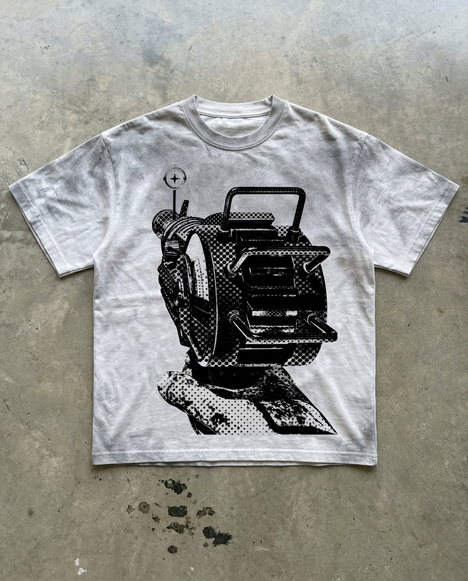 White t-shirt with black graphic design on a concrete surface