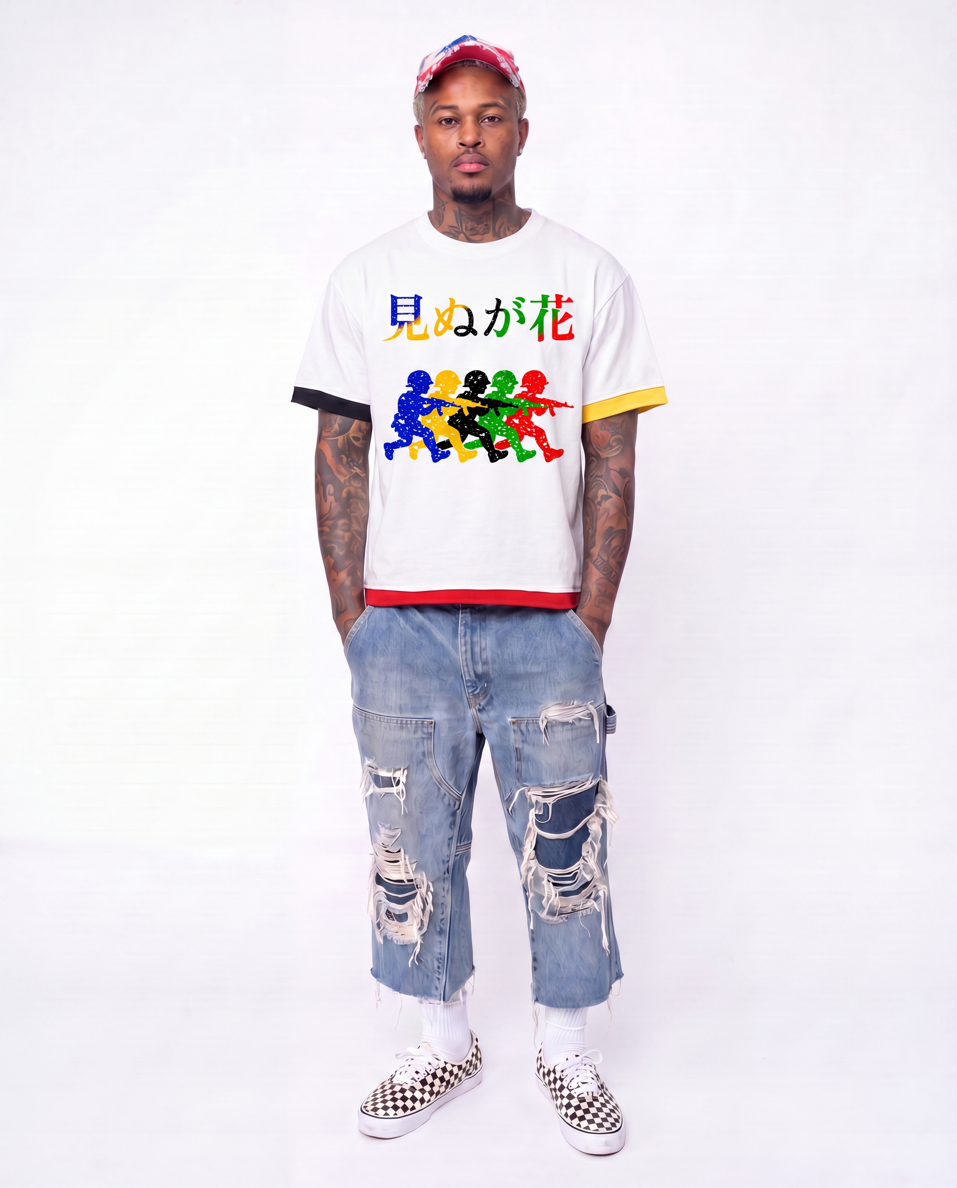 Japanese Neniom Boxy Color Block Graphic T-Shirt – Oversized White Multi-Color Streetwear Tee