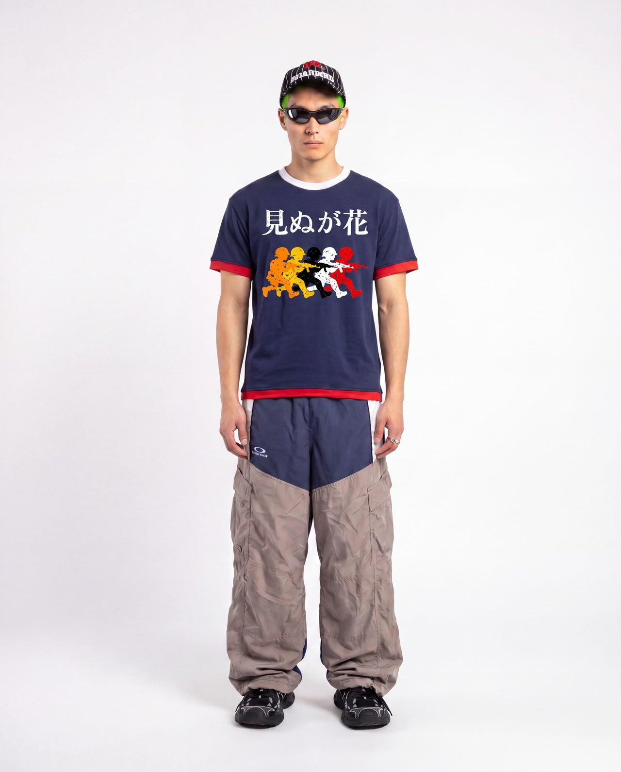 Japanese Neniom Boxy Color Block Graphic  T-Shirt – Oversized Navy Blue Red Streetwear Tee