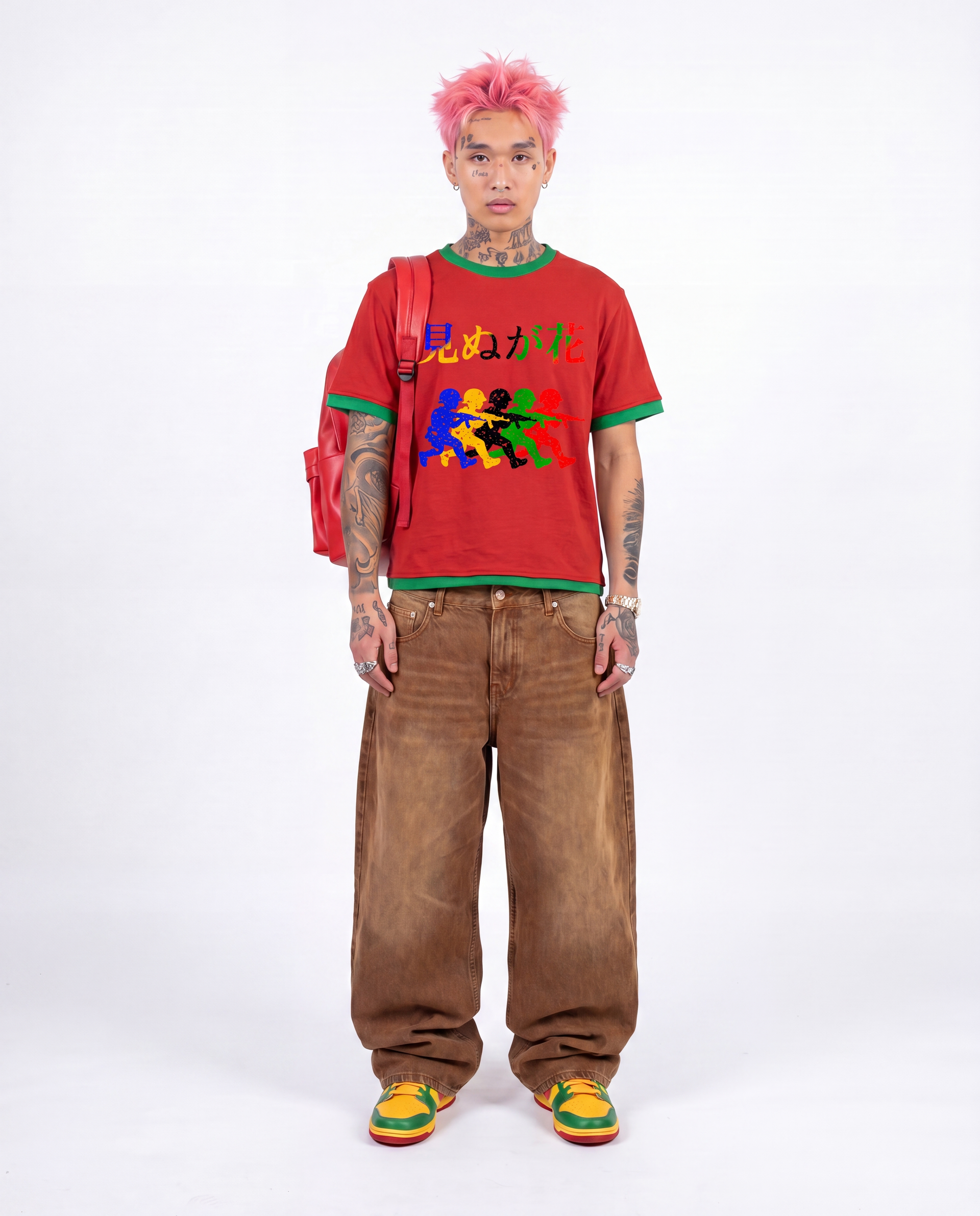 Japanese Neniom Boxy Color Block Graphic  T-Shirt – Oversized Red Green Streetwear Tee
