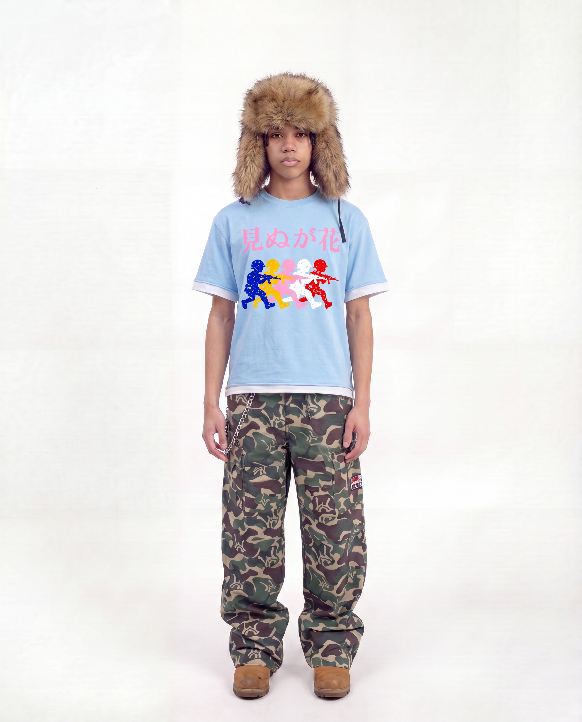 Japanese Neniom Boxy Color Block Graphic T-Shirt – Oversized Baby Sky Blue Streetwear Tee