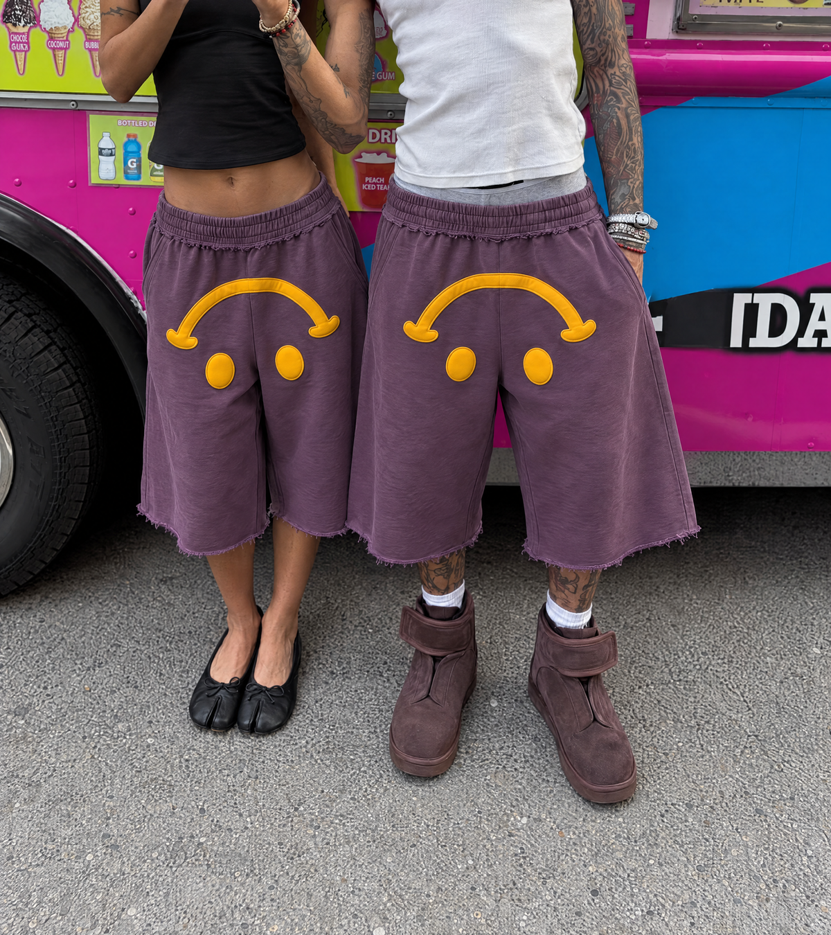 ★ LIMITED ★ Win In Silence 3/4 Cotton Sweatshorts — Plum Purple Leather Patch Smiley Shorts