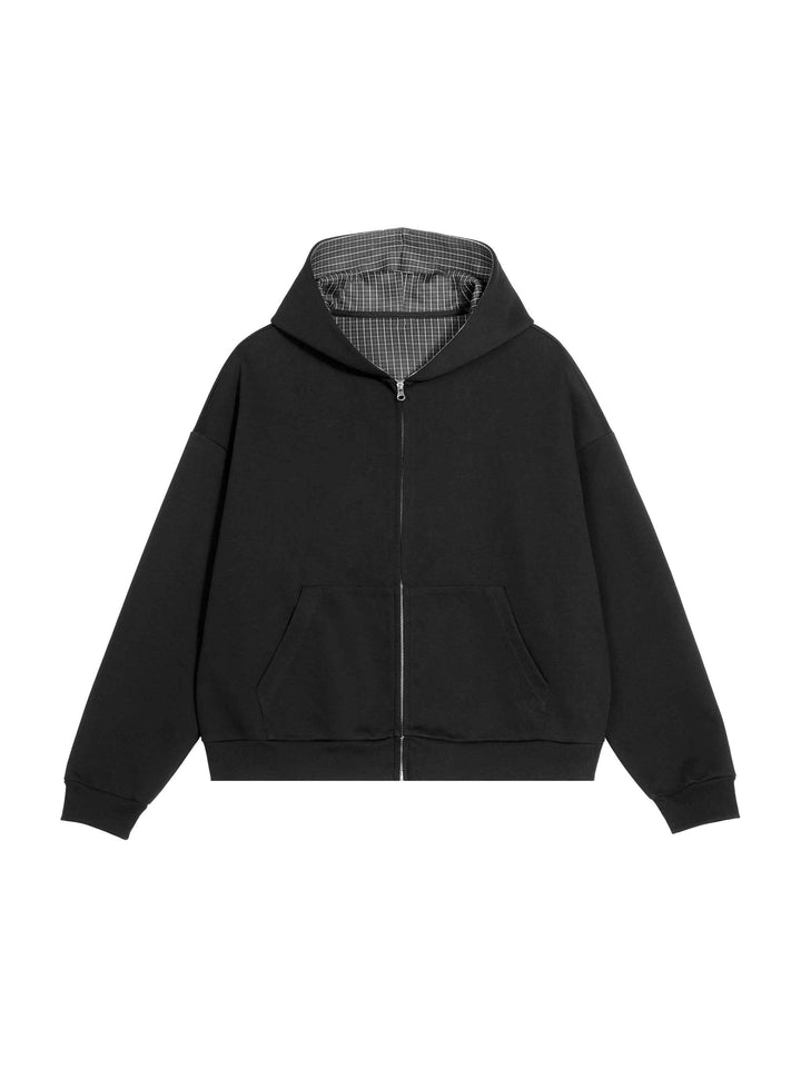 Lazy Boy Contrast Plaid Boxy Zip Up Black Hoodie