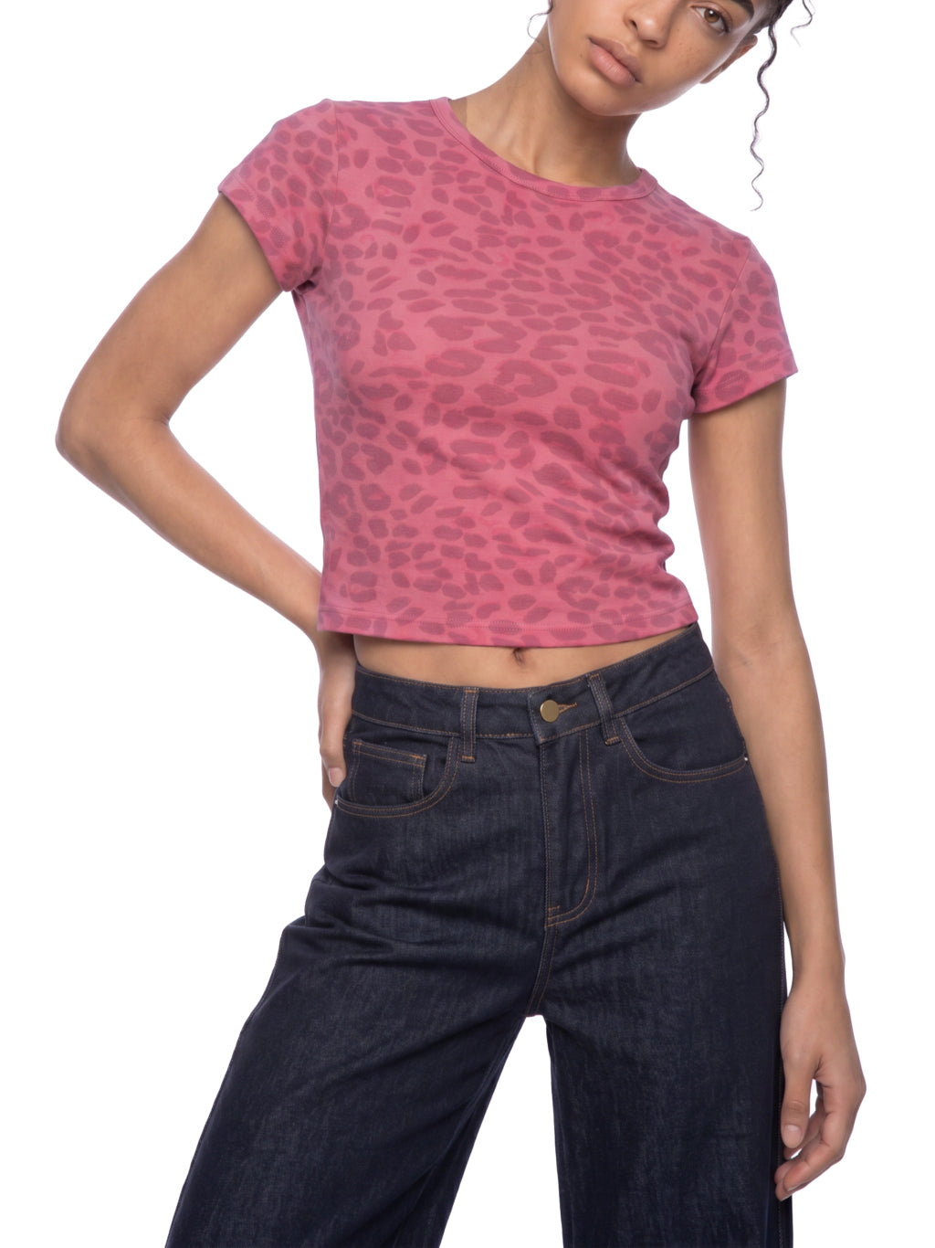 Women's Leopard Print Crop T-Shirt worn on model - front view