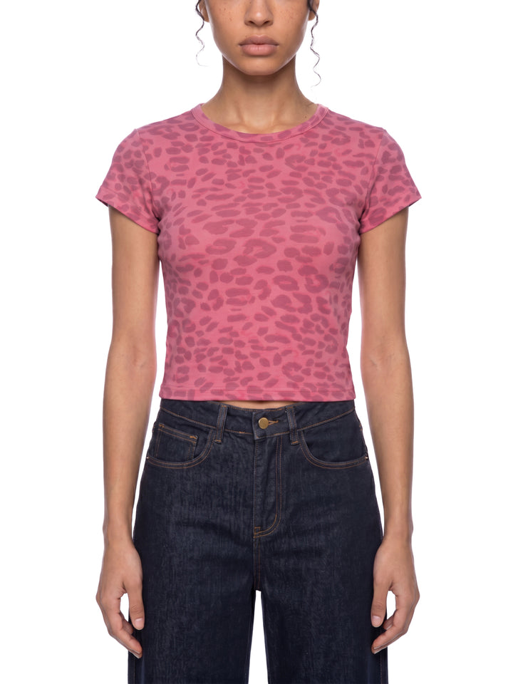 Women's Leopard Print Crop T-Shirt worn on model - close front view