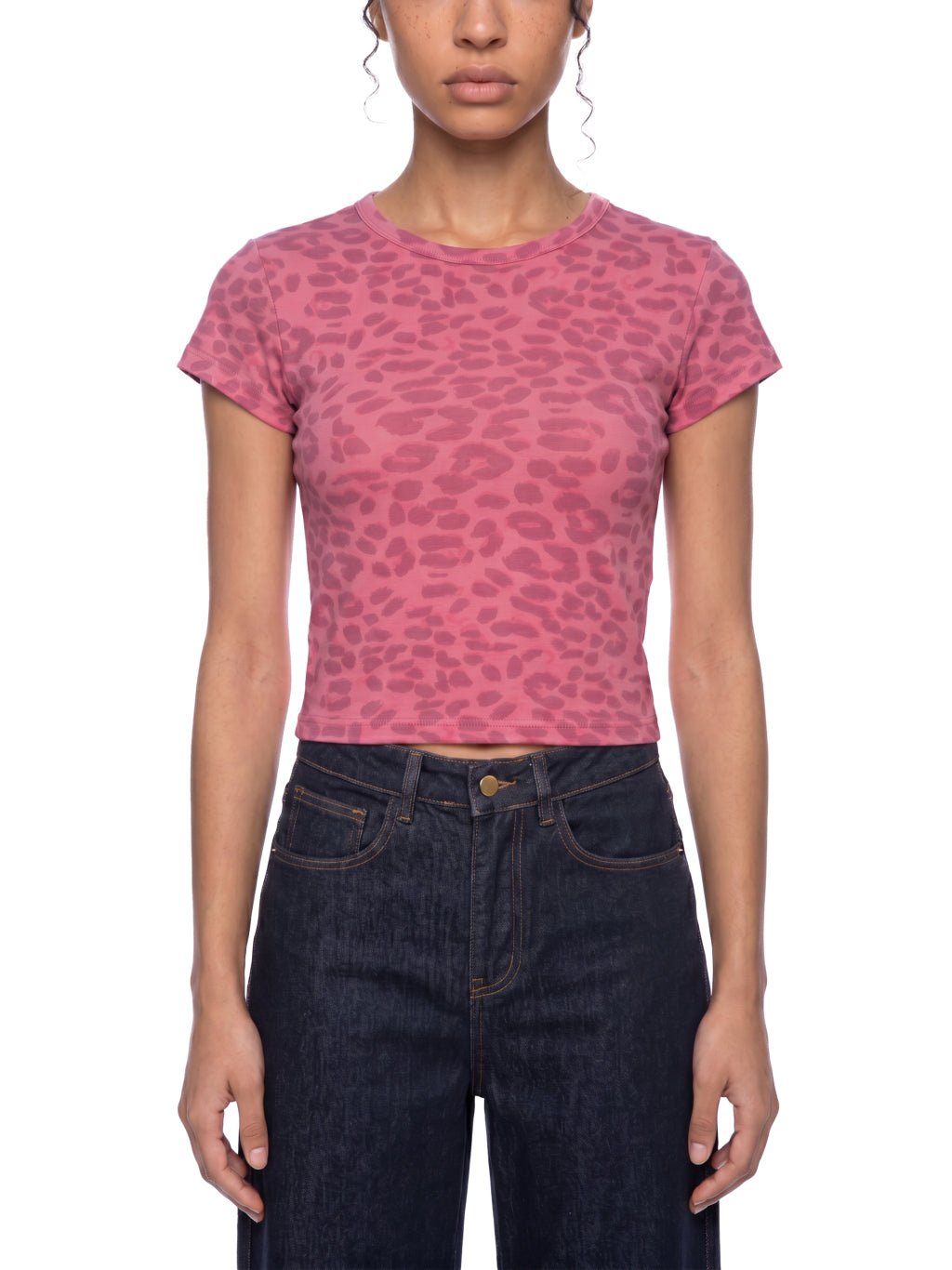 Women's Leopard Print Crop T-Shirt worn on model - close front view