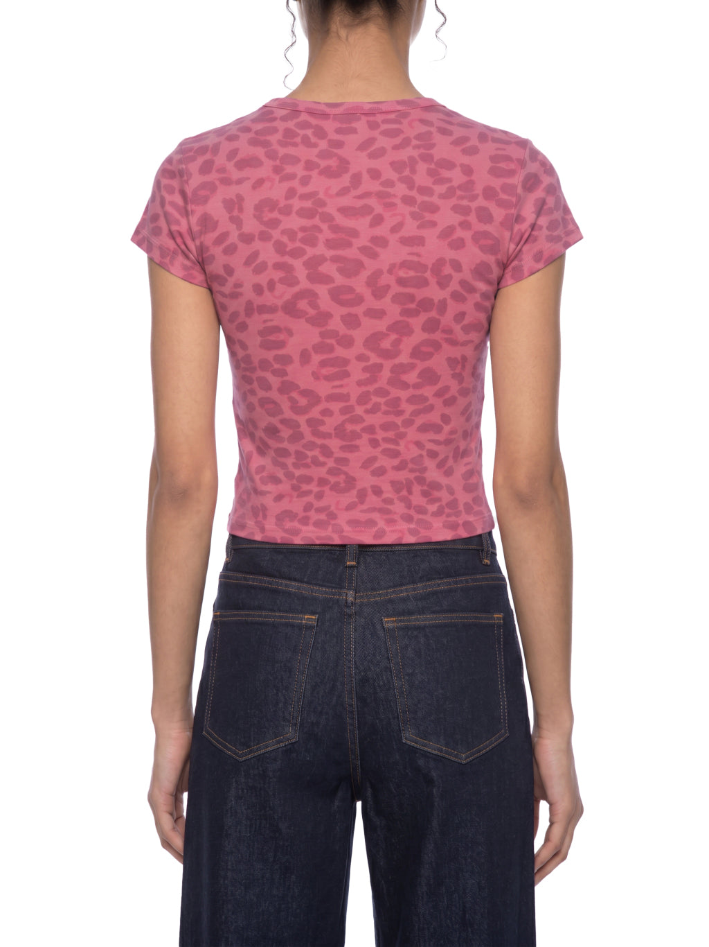Women's Leopard Print Crop T-Shirt worn on model - fit detail