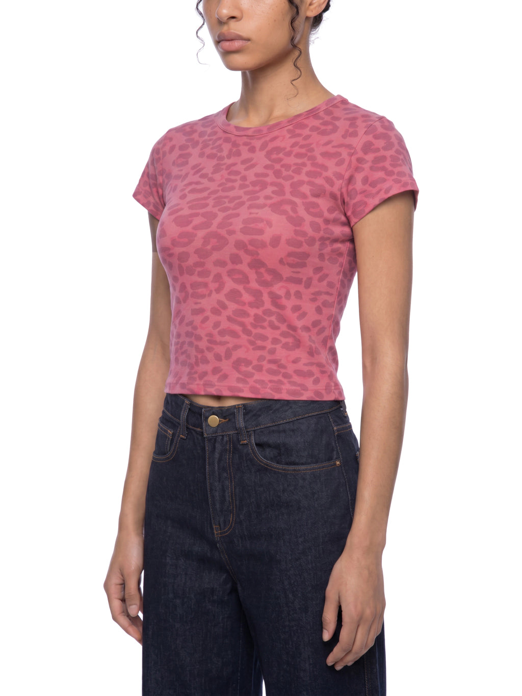 Women's Leopard Print Crop T-Shirt worn on model - back view