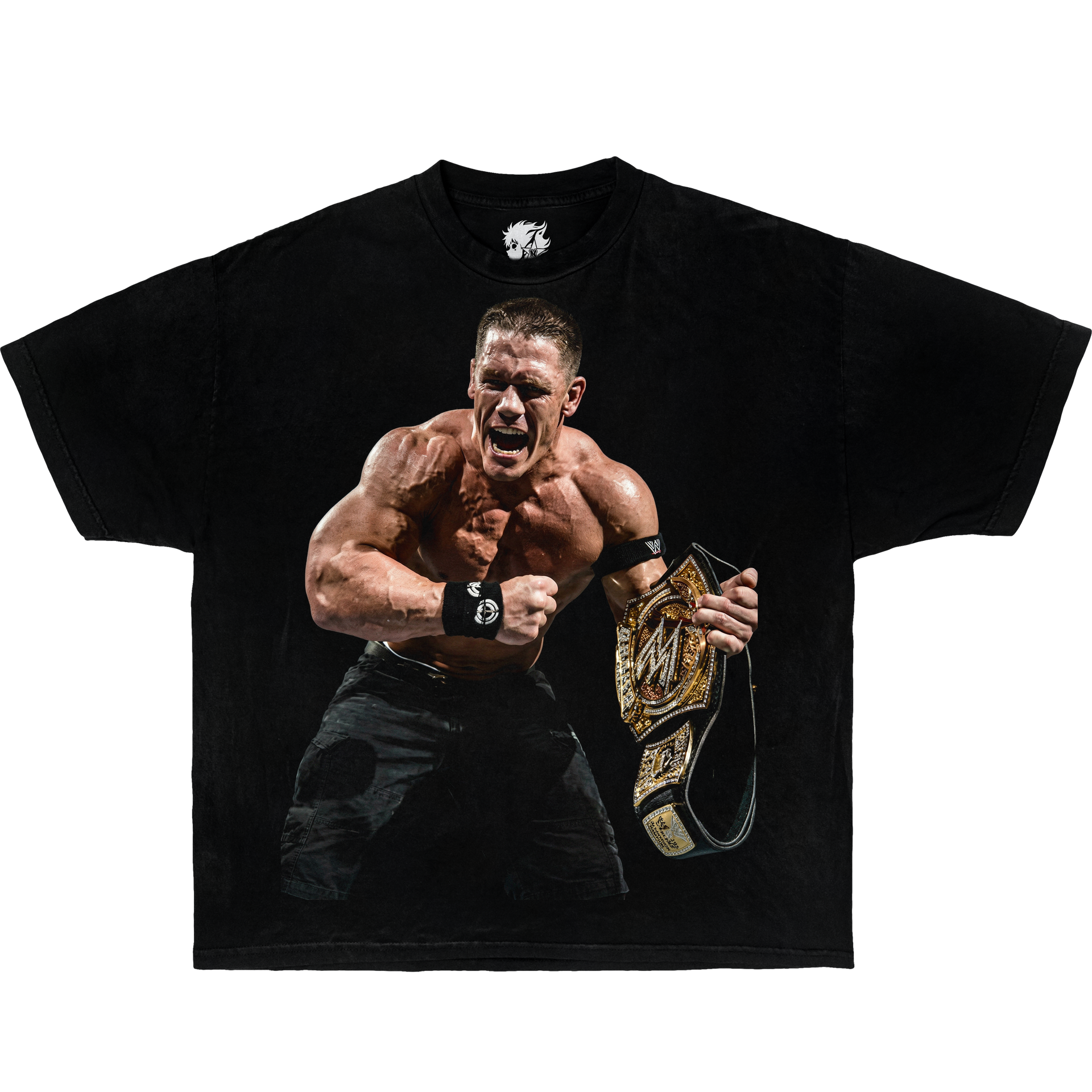 Black graphic t-shirt featuring professional wrestler John Cena holding a championship belt in a dramatic wrestling champion pose.