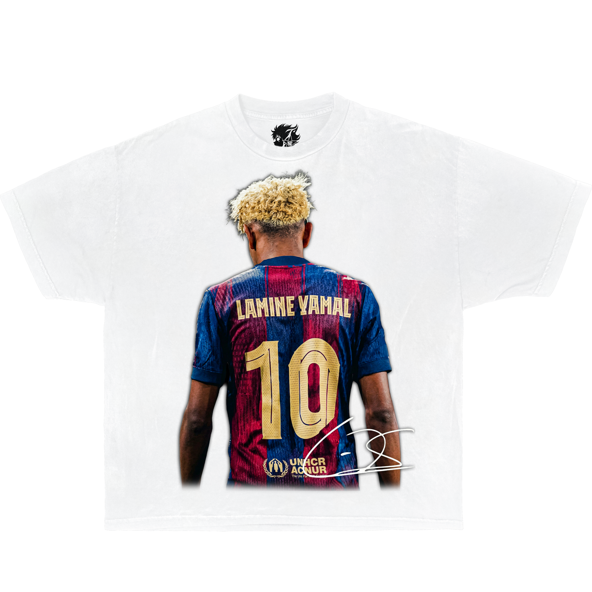 White graphic t-shirt featuring football player Lamine Yamal wearing number 10 Barcelona jersey from the back with signature graphic design.