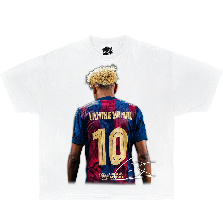 White graphic t-shirt featuring football player Lamine Yamal wearing number 10 Barcelona jersey from the back with signature graphic design.