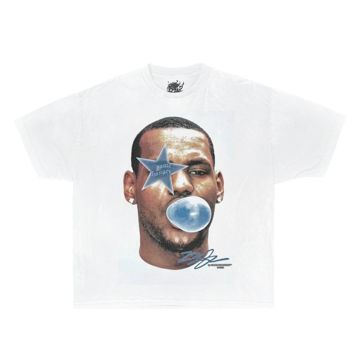 White t-shirt with a graphic of a person blowing a bubble gum bubble, featuring a star on the forehead. lebron james shirt