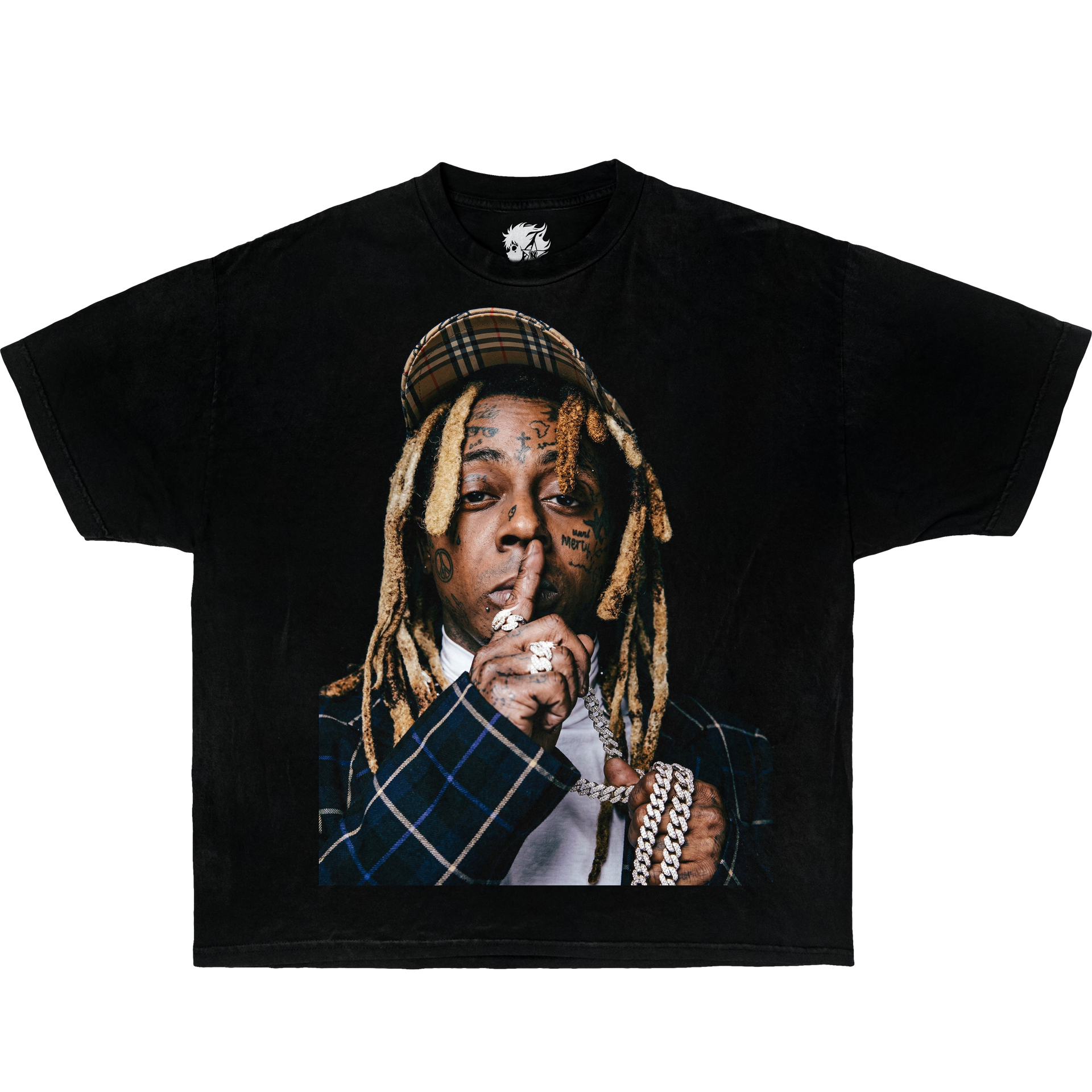 Black graphic t-shirt featuring Lil Wayne portrait wearing cap and chains in vintage hip hop streetwear style design.