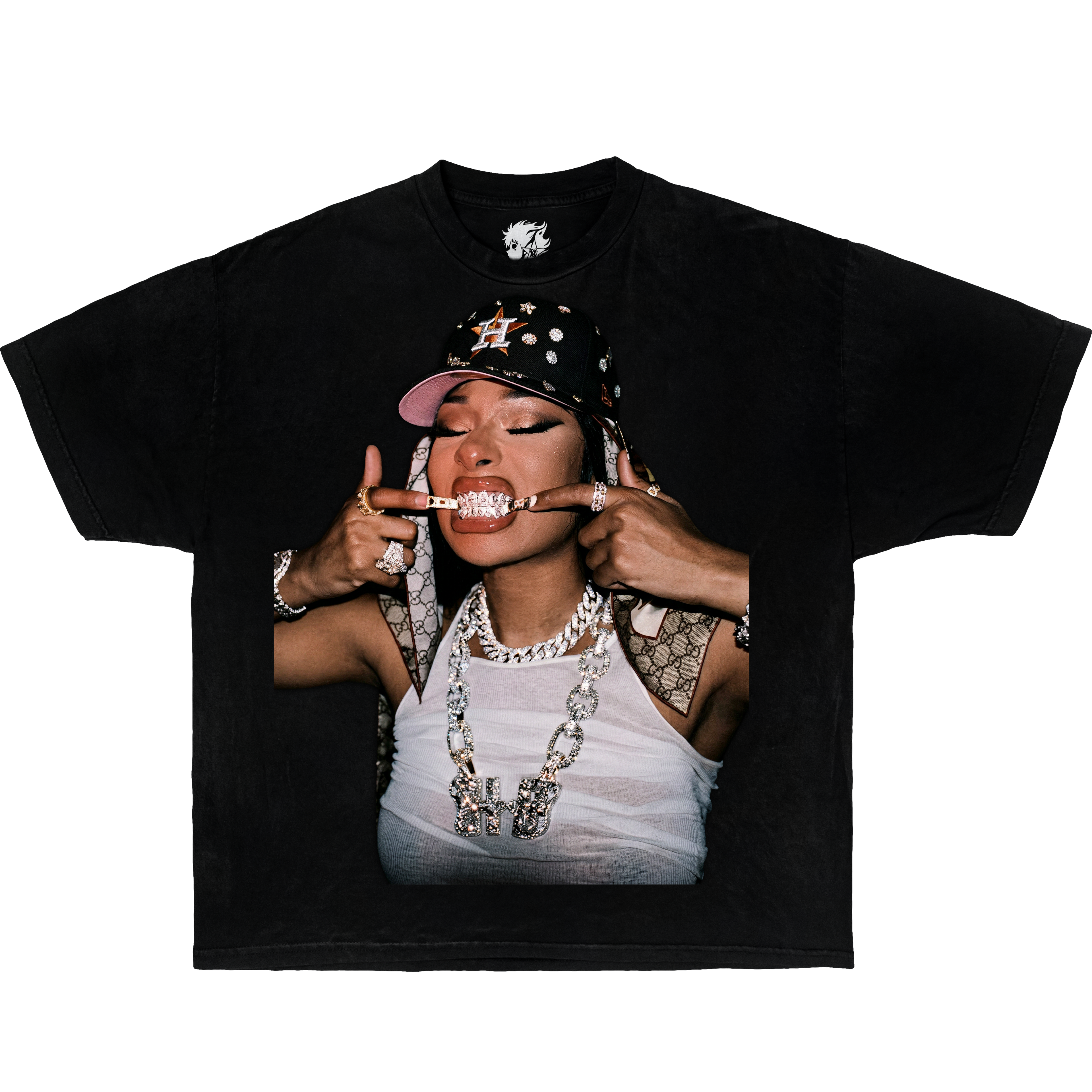 Black graphic t-shirt featuring Megan Thee Stallion portrait wearing hat, chains, and grill in hip hop streetwear style design.