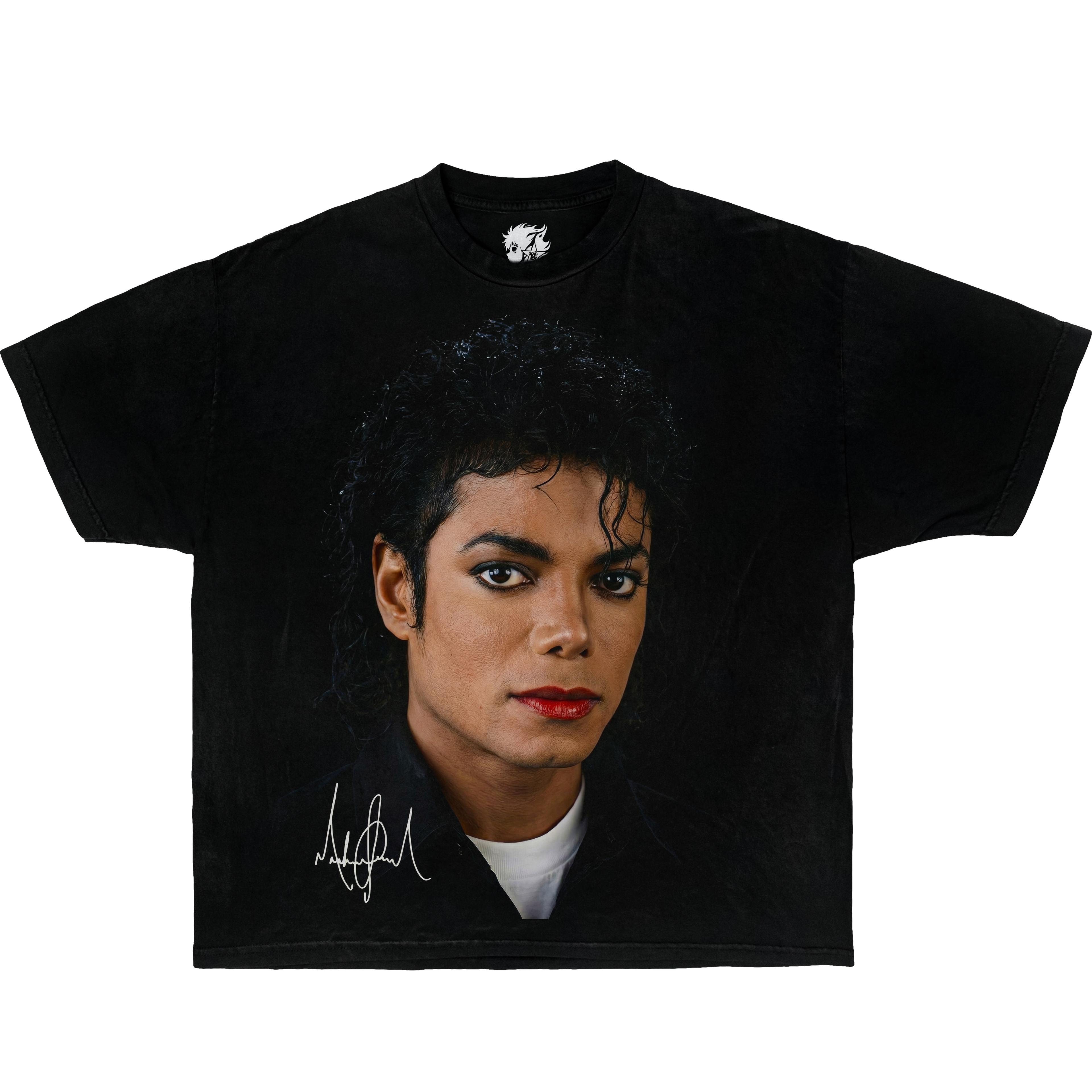 Black graphic t-shirt featuring classic portrait of Michael Jackson with signature artwork in vintage pop music style
