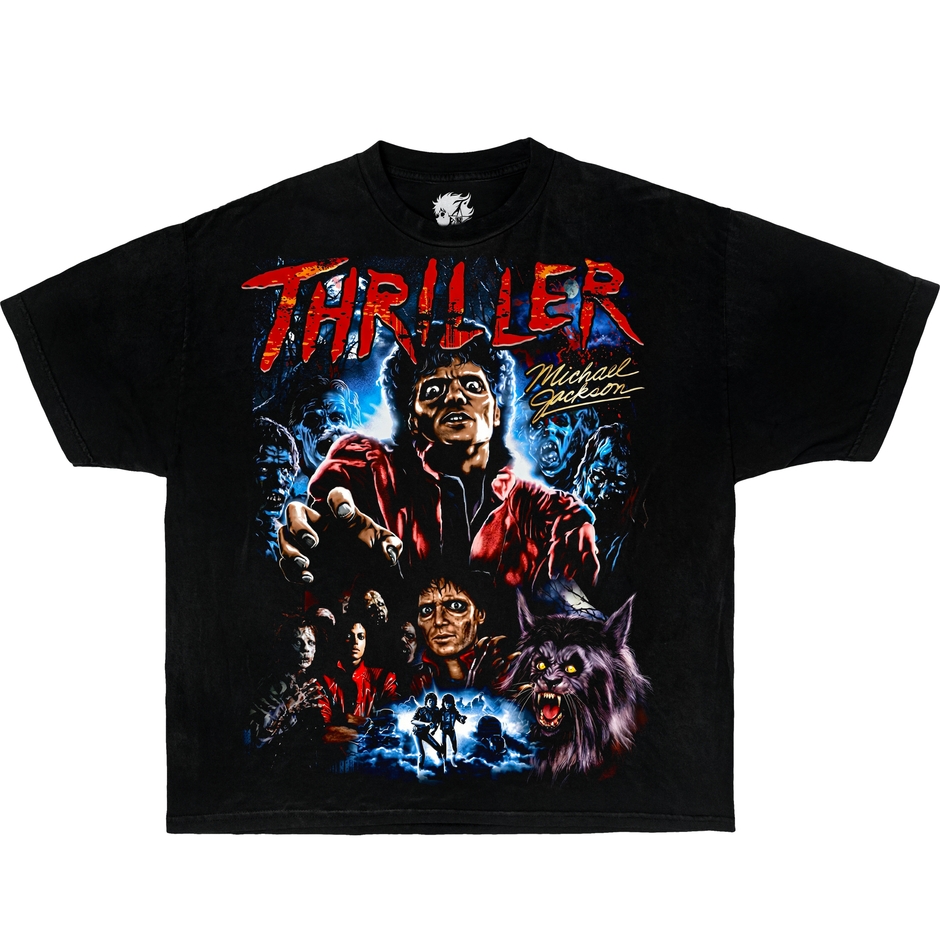 Vintage style black Michael Jackson Thriller graphic t-shirt featuring horror movie inspired zombie and werewolf artwork, retro 80s pop music streetwear band tee