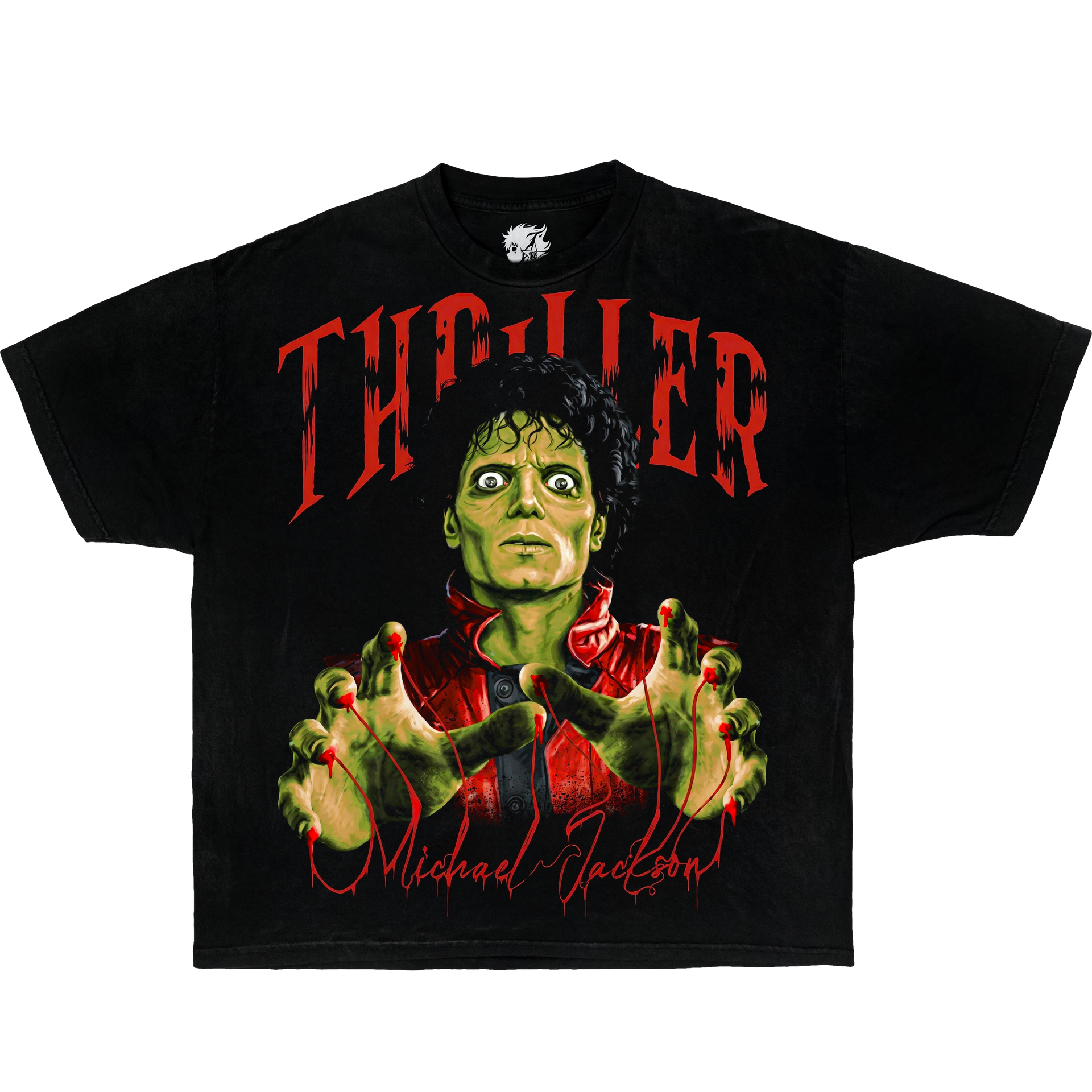 Black vintage Michael Jackson Thriller graphic t-shirt featuring zombie horror artwork inspired by the iconic 1980s pop music video and retro horror style