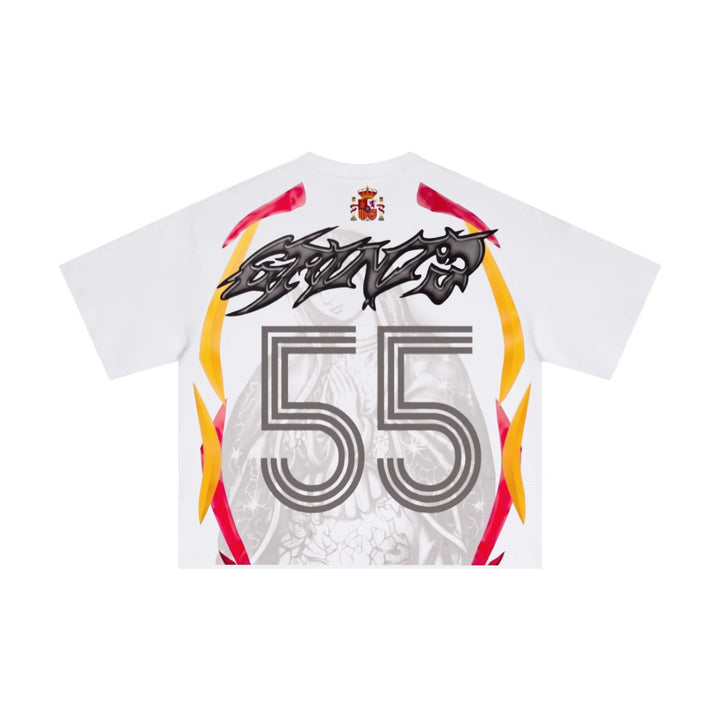 White boxy tee, back — oversized 55 with red and yellow flare streaks