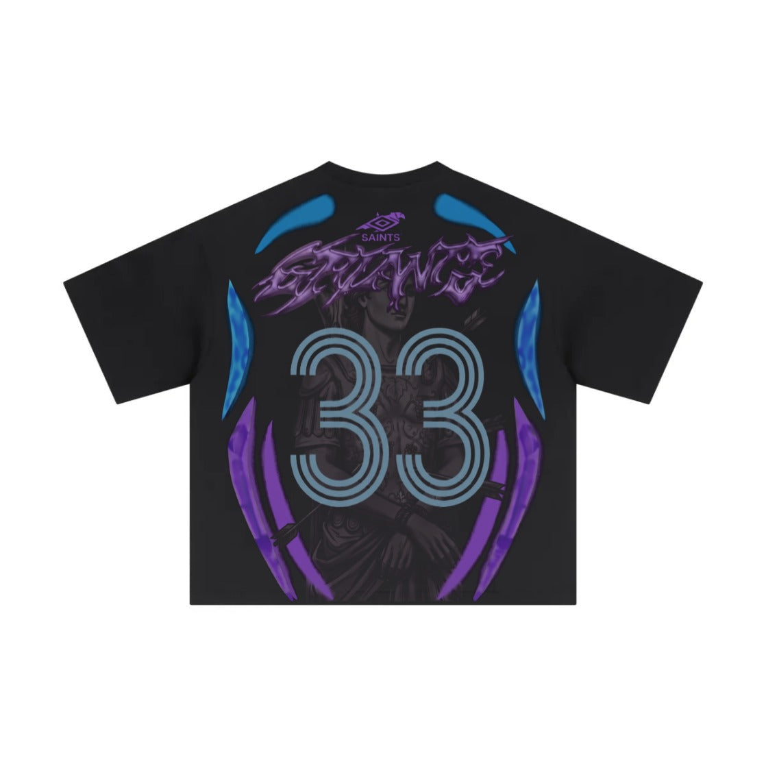 Black boxy tee, back — oversized 33 over archangel print