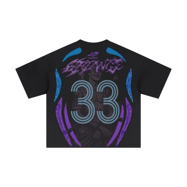 Black boxy tee, back — oversized 33 over archangel print