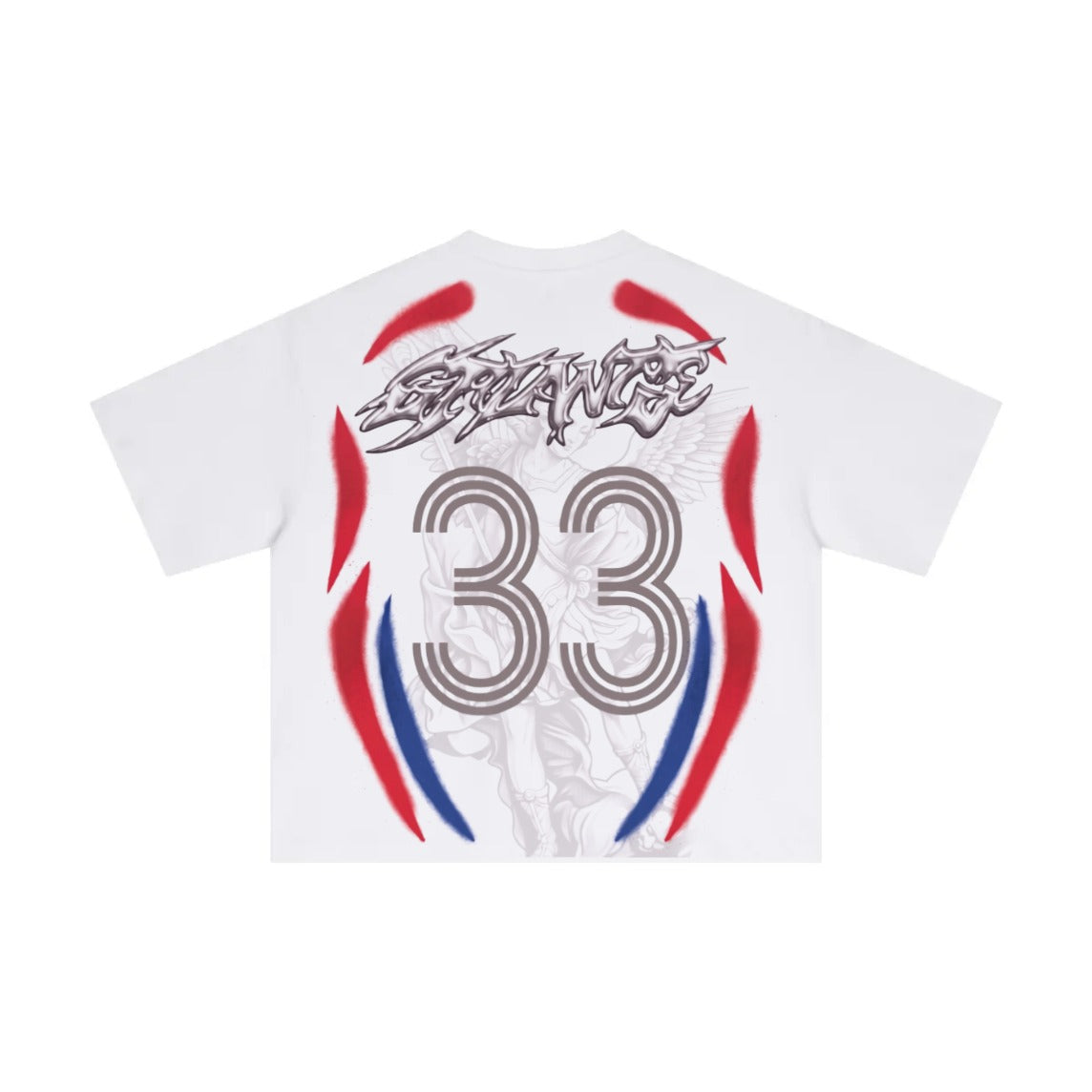 White boxy tee, back — oversized 33 with SPNCS lettering