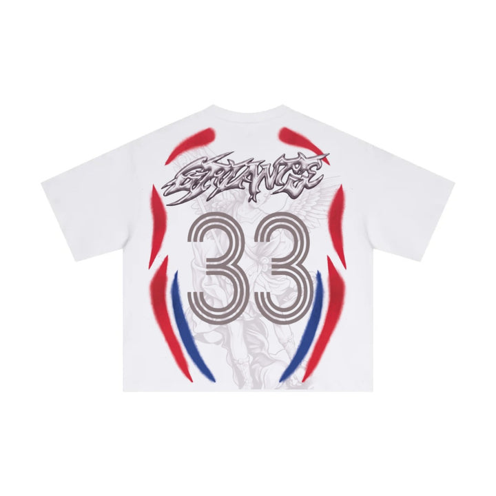 White boxy tee, back — oversized 33 with SPNCS lettering