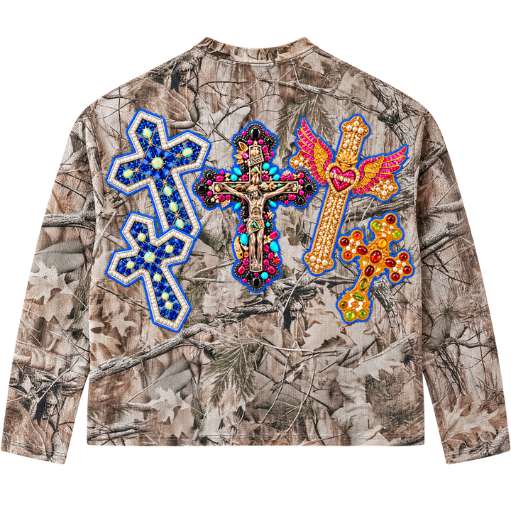 NENIOM jeweled crosses tree camo waffle long sleeve, back